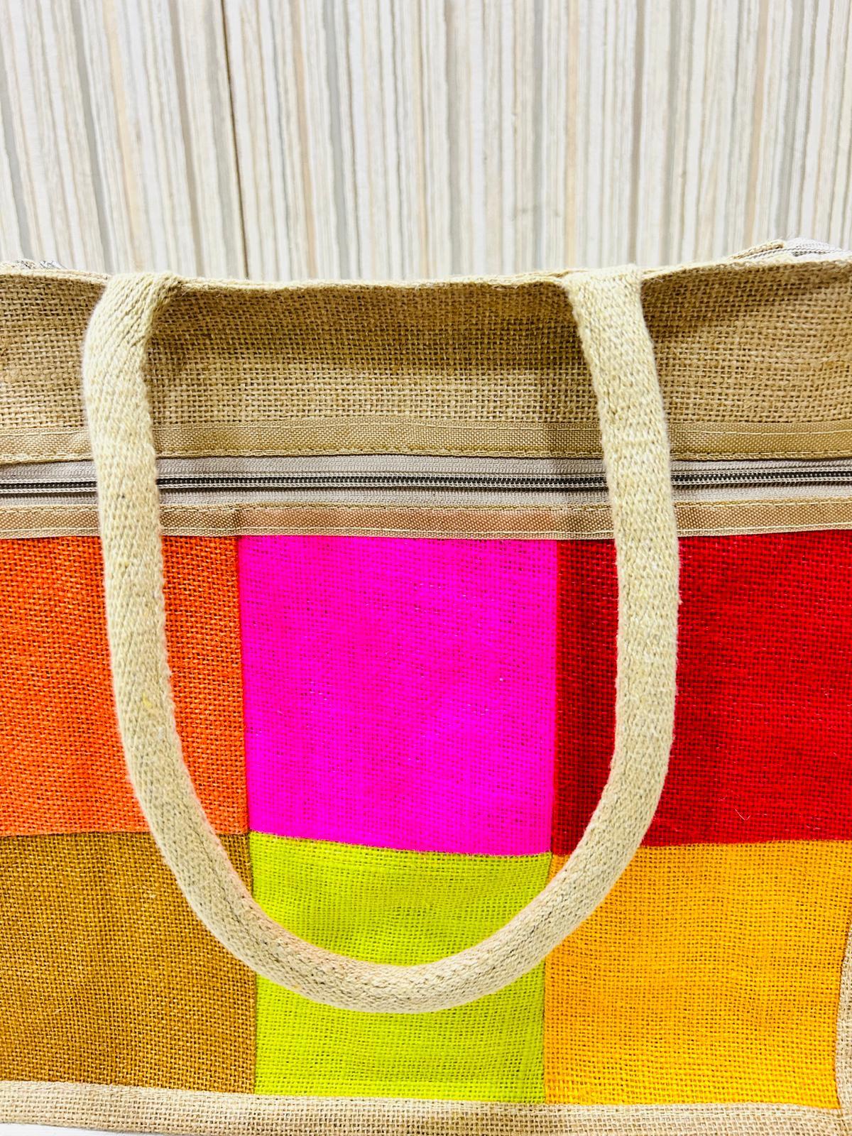 Size 10x12x5 Multi-color Jute Zip Handbag - Eco-friendly Durable Material, Vibrant Stripes Pattern, Customizable Design Options, Flexiloop Handle