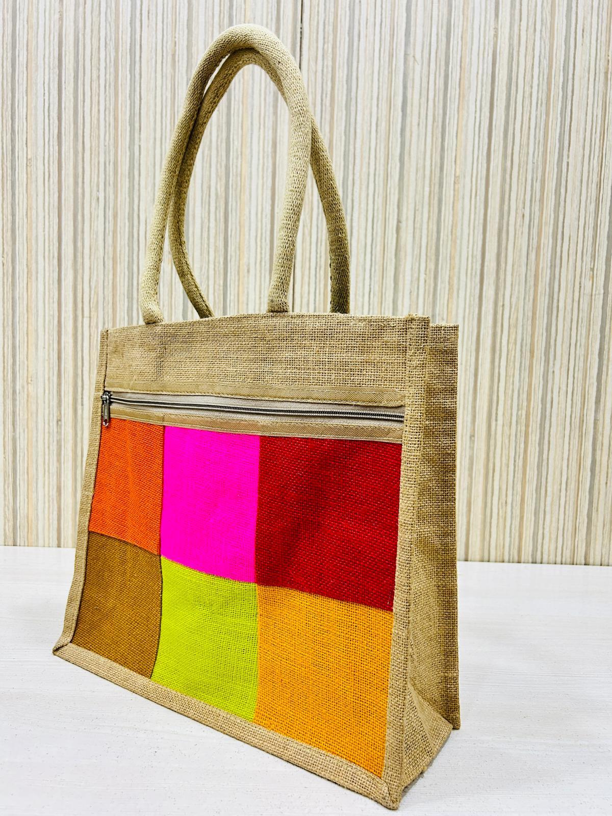 Size 10x12x5 Multi-color Jute Zip Handbag - Eco-friendly Durable Material, Vibrant Stripes Pattern, Customizable Design Options, Flexiloop Handle