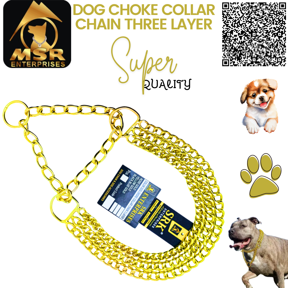 Dog Color Choke Collar Chain 3 Layer With Yellow Gold Plating - Iron Material, Medium Size, Yellow Gold Color | Triple Layer Design, Adjustable Fit, Durable Material