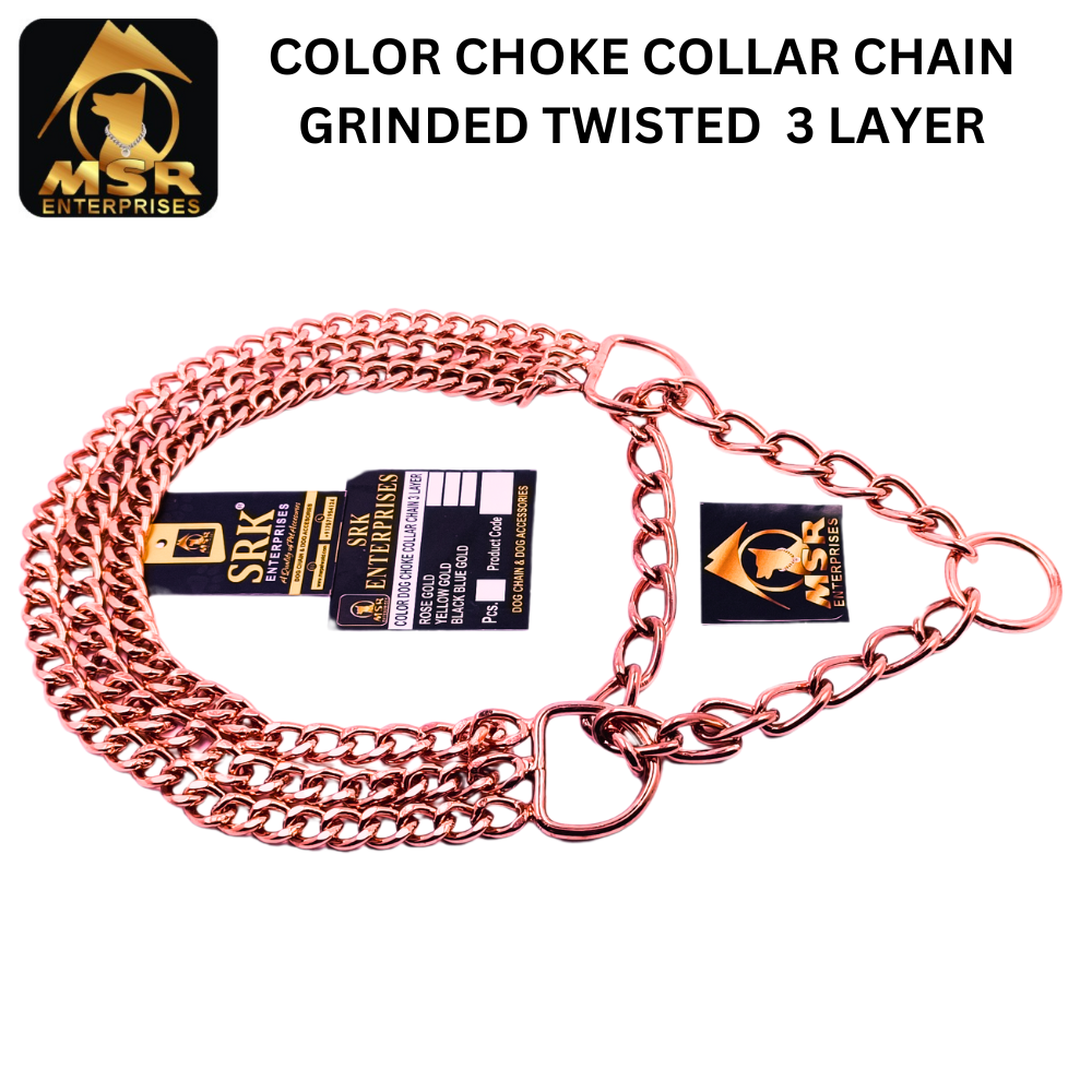 Dog Color Choke Collar Chain 3 Layer With Rose Gold Plating - Iron, Size M, Rose Gold Color | Triple Layer Design, Adjustable Fit, Gentle Control