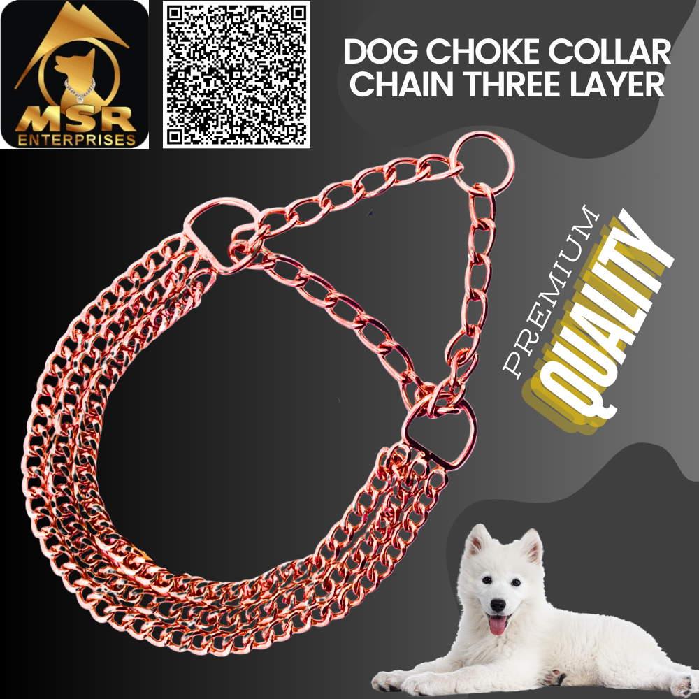 Dog Color Choke Collar Chain 3 Layer With Rose Gold Plating - Iron, Size M, Rose Gold Color | Triple Layer Design, Adjustable Fit, Gentle Control