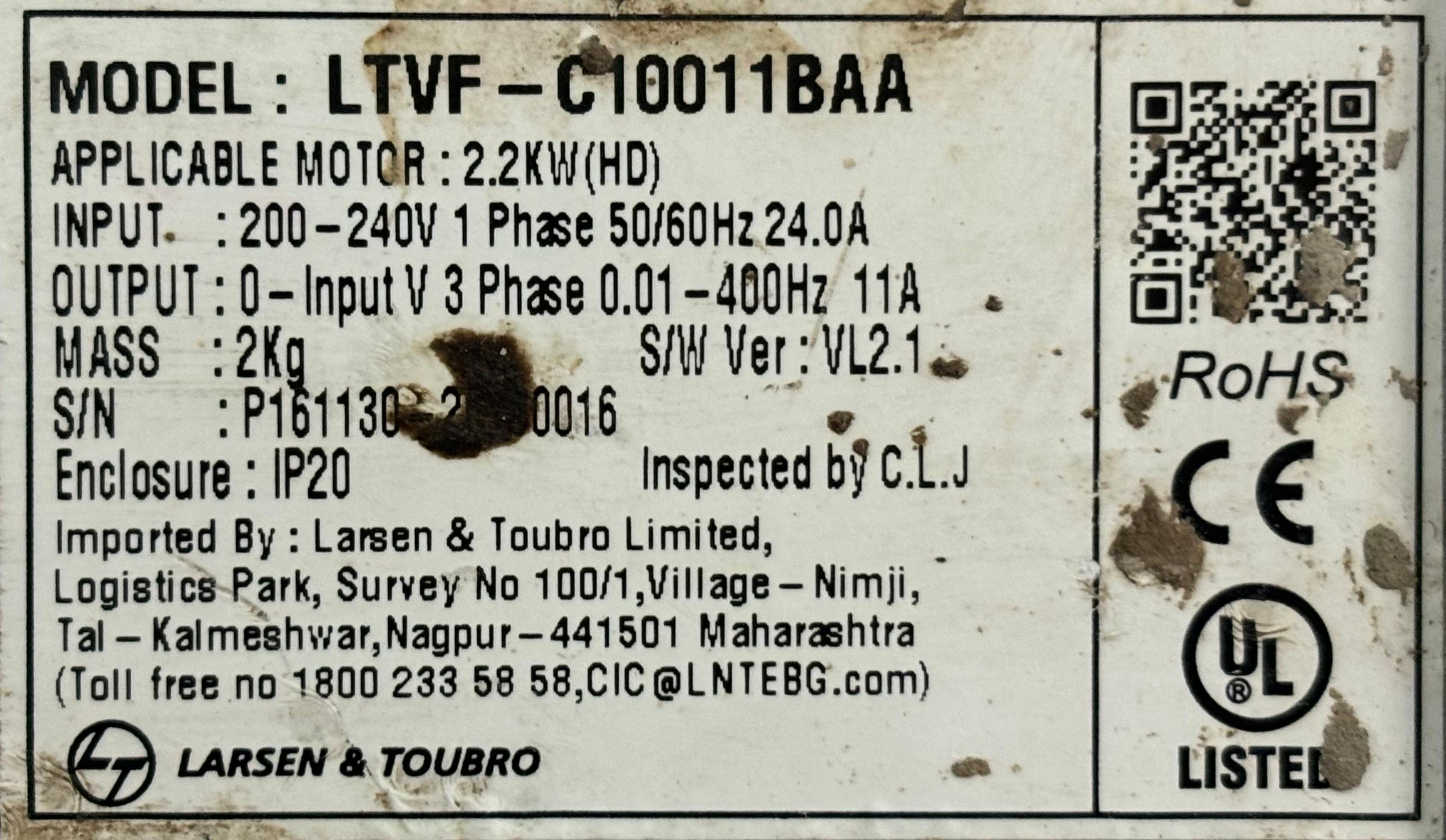 Cx2000 Ltvf-c10011baa - 2.2kw, 200-240v 1-phase, 3-phase Output 0.01-400 Kw | Color: White & Grey, Weight: 2kg, Frequency: 50/60hz