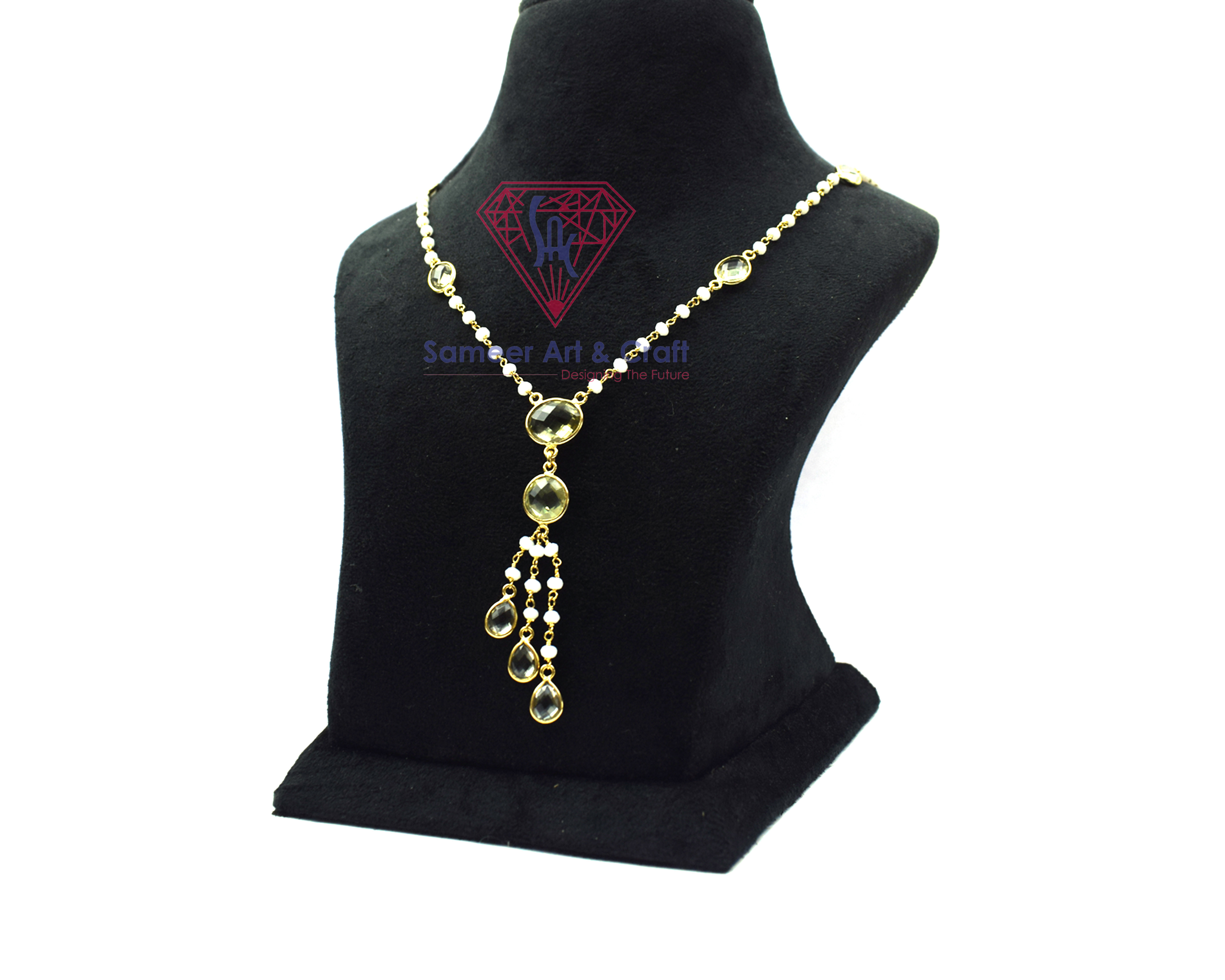 925 Sterling Silver Lemon Quartz With White Agate Gemstone Gold Plated Handmade Rosary Chain Necklace - 24 Inches Length, 13.85 Gram Weight, Round & Oval Shapes