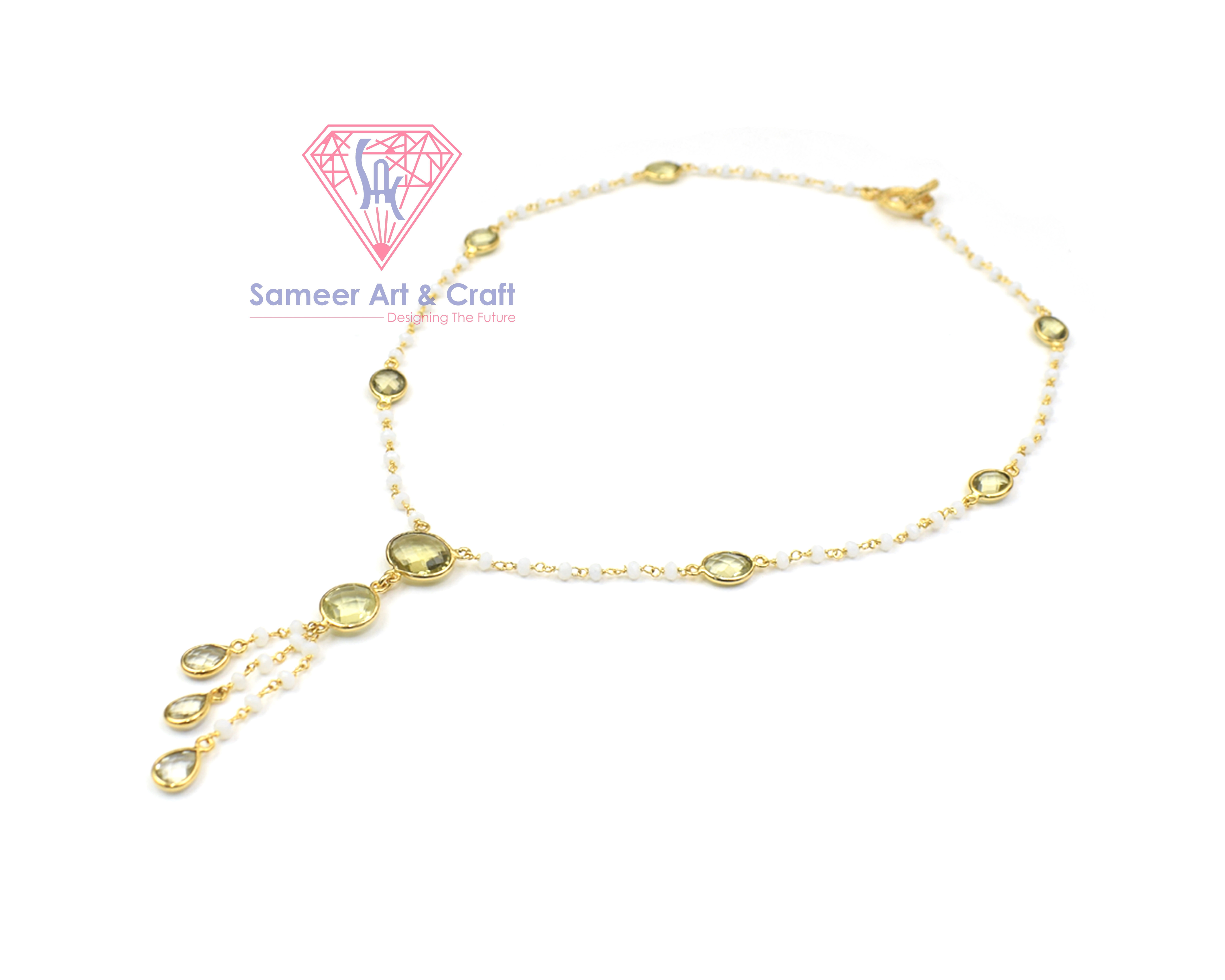 925 Sterling Silver Lemon Quartz With White Agate Gemstone Gold Plated Handmade Rosary Chain Necklace - 24 Inches Length, 13.85 Gram Weight, Round & Oval Shapes