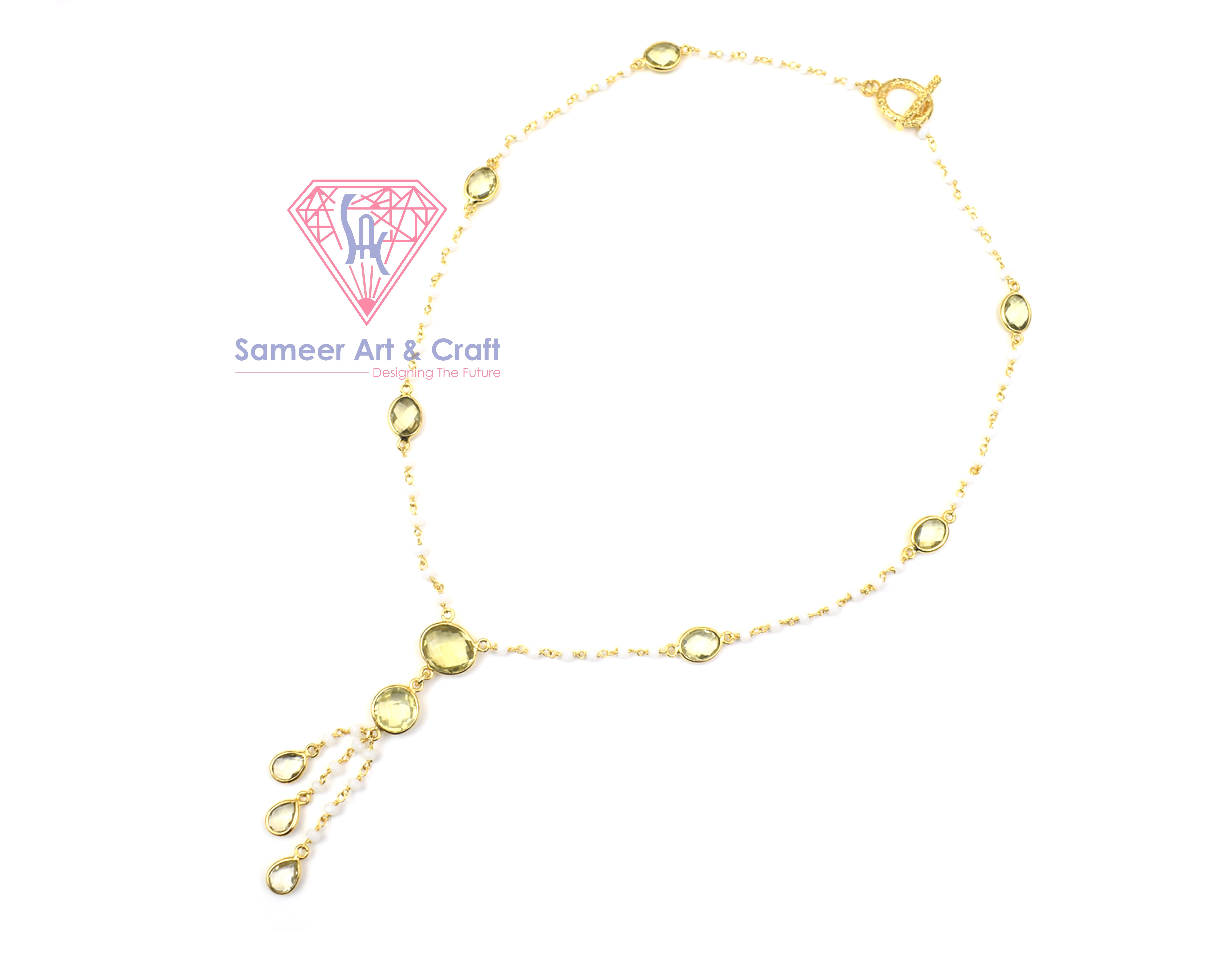 925 Sterling Silver Lemon Quartz With White Agate Gemstone Gold Plated Handmade Rosary Chain Necklace - 24 Inches Length, 13.85 Gram Weight, Round & Oval Shapes