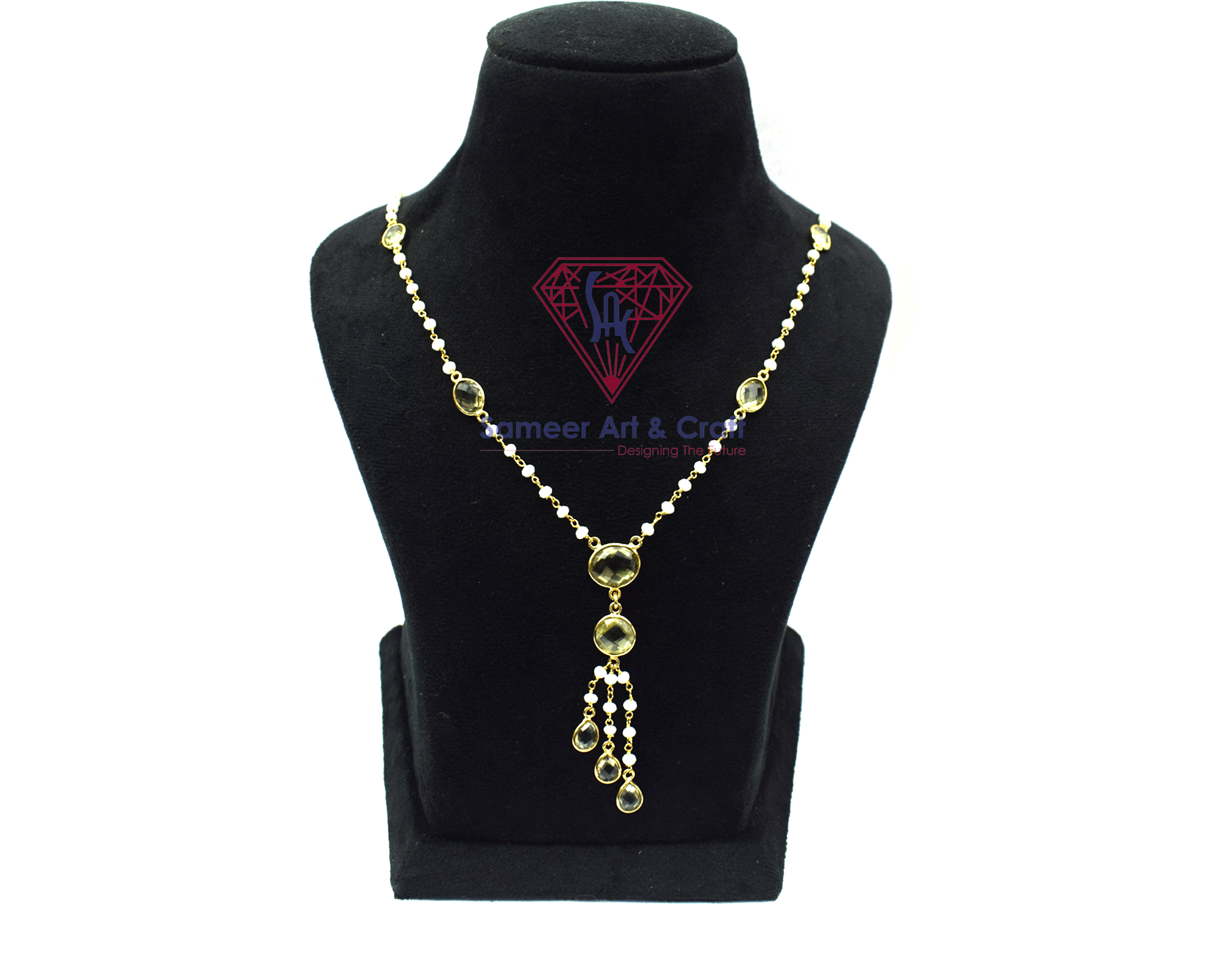 925 Sterling Silver Lemon Quartz With White Agate Gemstone Gold Plated Handmade Rosary Chain Necklace - 24 Inches Length, 13.85 Gram Weight, Round & Oval Shapes