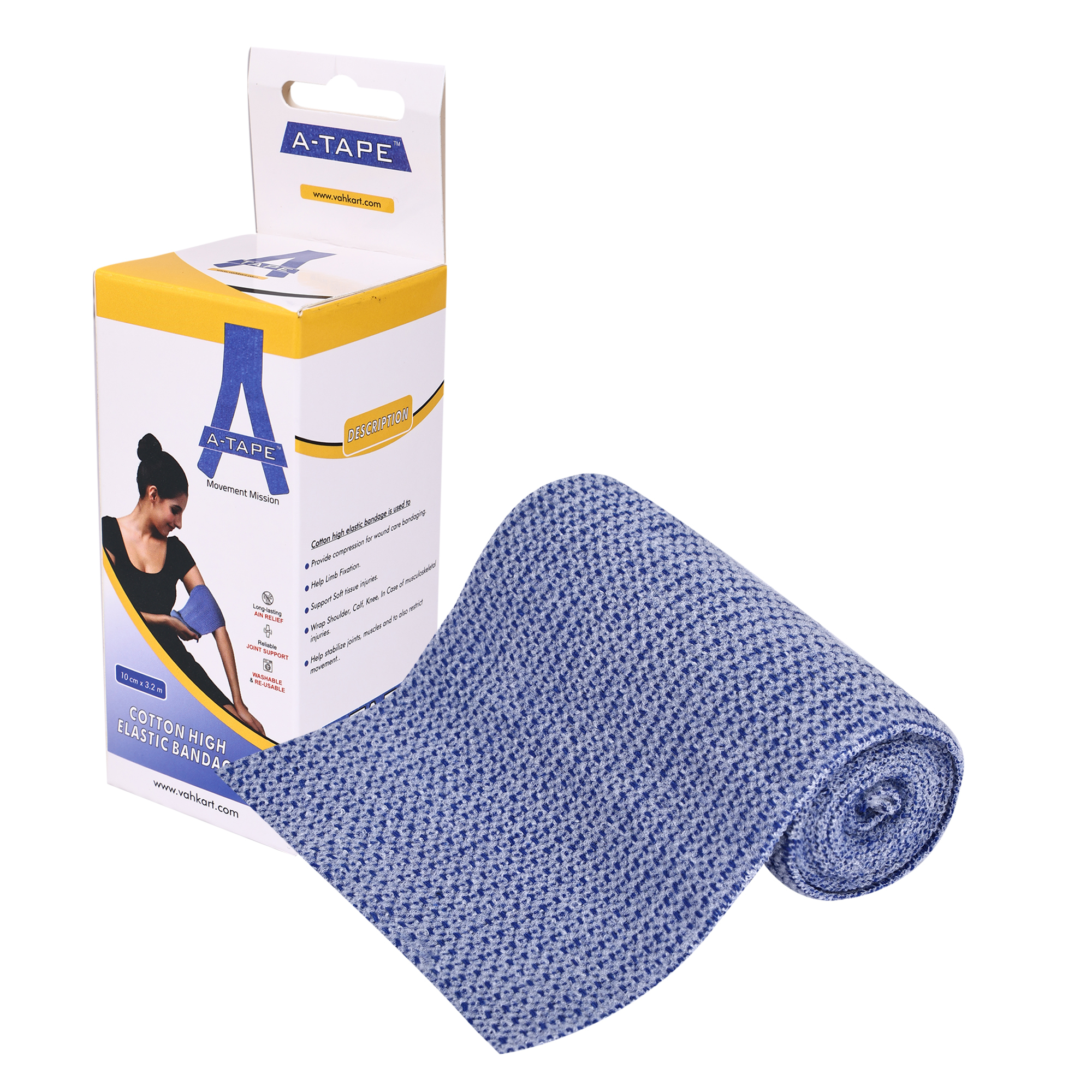 Cotton High Elastic Bandage Wrap - Premium Compression 4-inch Blue Roll | Reusable, External Use, Not Sterilized