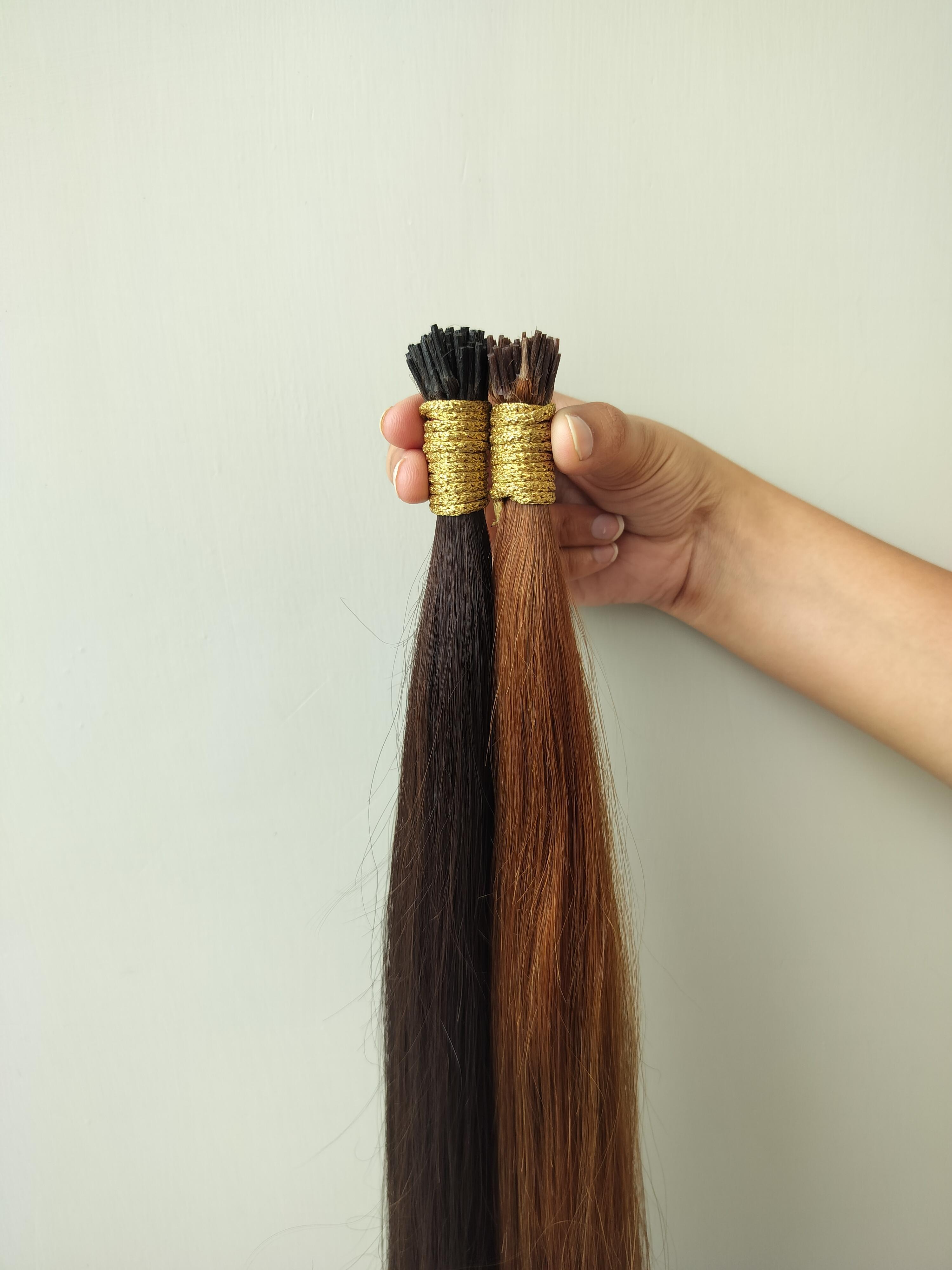 Dark And Light Brown Keratin Natural Straight Human Hair I-tips Extensions - Human Hair Type: Indian