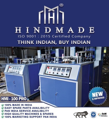 Hindmade Fully Automatic Paper Cup Making Machine - 80-110 Pieces Per Minute, Single/Three Phase Power Supply, 150-330 Ml Cup Size, 3-4 Types of Sensors | 3.5 Kilowatt Power, Single Side Poly Coated Paper, 160-270 GSM Paper Thickness