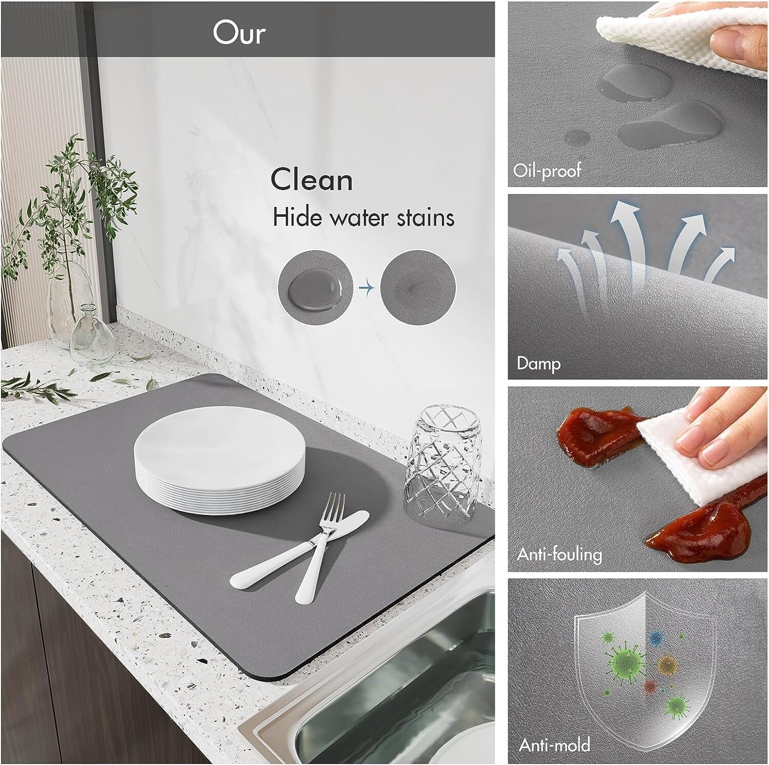 Dish Drying Mat - Multi-functional Water Absorbent Kitchen Mats | Stylish Design, Quick Drying Technology, Large Size Utensils Drainer