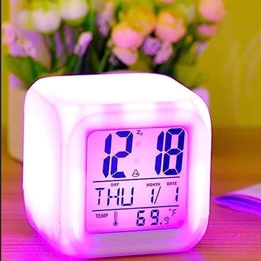 Multicolour Changing Led Alarm Clock - 6x4 Cm | Digital Lcd Display, Date, Time, Temperature, Night Light Function, Ideal Gifting For Kids And Corporate Clients