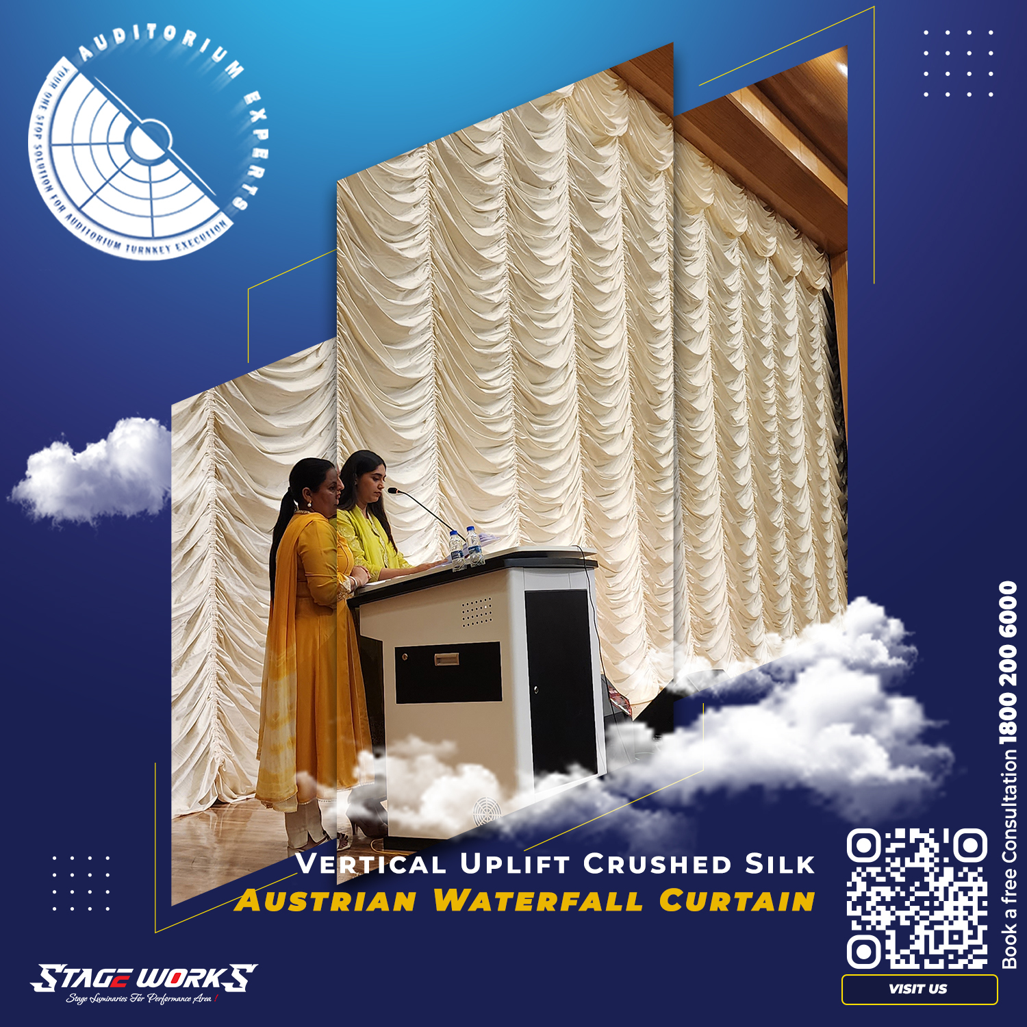 Vertical Uplift Crushed Silk Austrian Curtain - Color: White