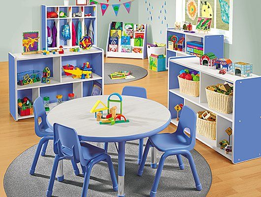 Preschool Furniture - Versatile Rectangular Tables & Moon Tables, Colorful Chairs & Practical Shoe Racks