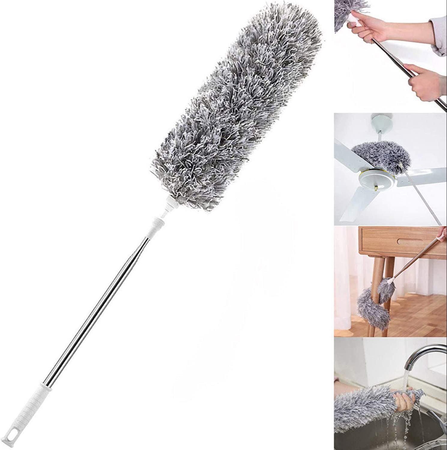Mitsico Microfiber Feather Duster With Extendable Pole - Stainless Steel, 30-100 Inches | Curved Head, Electrostatic Dust Attraction, Adjustable Length