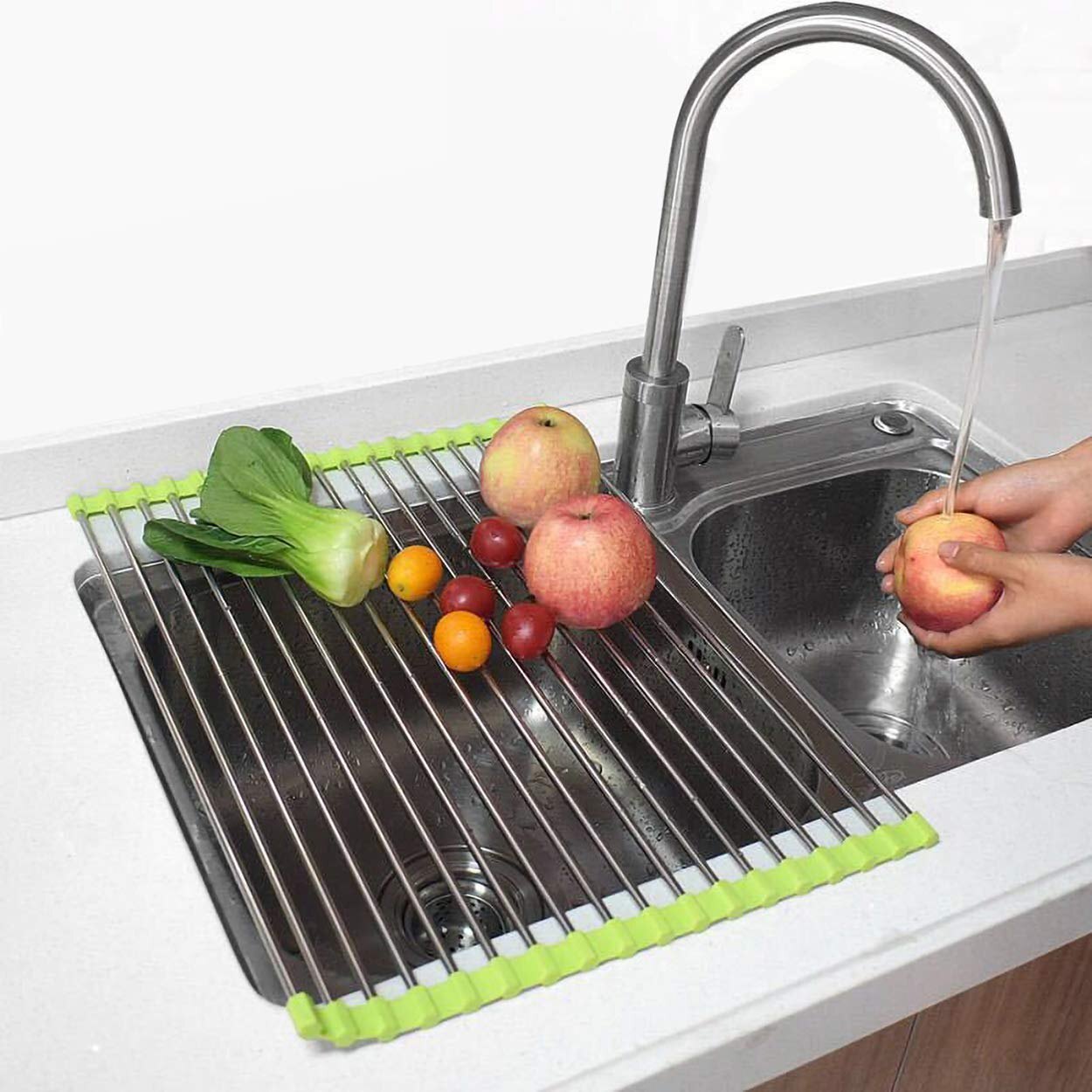 Mitsico Foldable Multipurpose Rollup Stainless Steel Kitchen Organizer Utensils Dish Drying Drainer Rack Mat For Over Sink And Fruit-vegetable Strainer Colander
