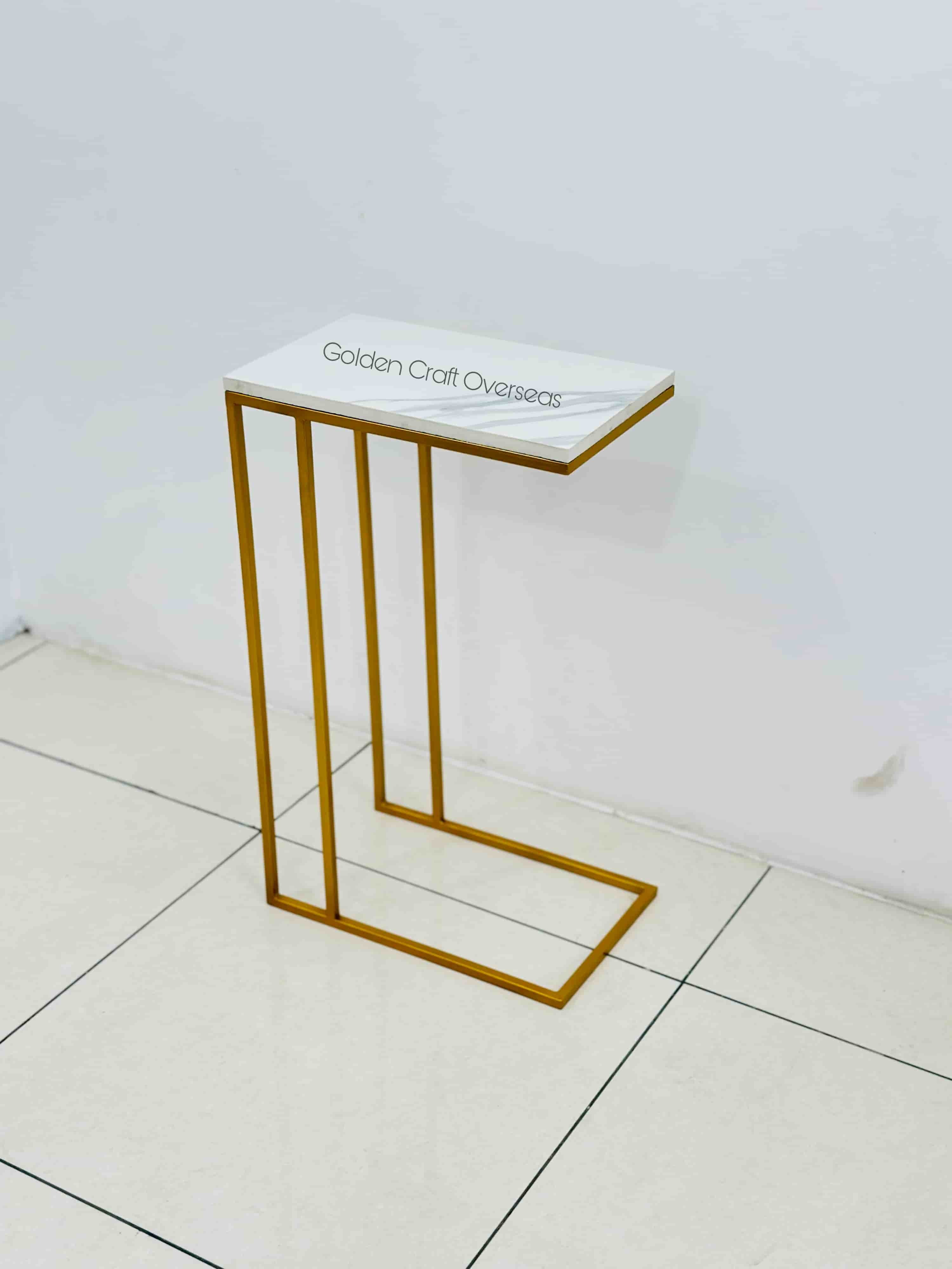 C Shape Side Table - Iron With Marble Top, 10x20x19 Inches, Gold Pvd Finish | Minimalist Design, Pre-assembled Indoor Furniture, American Style