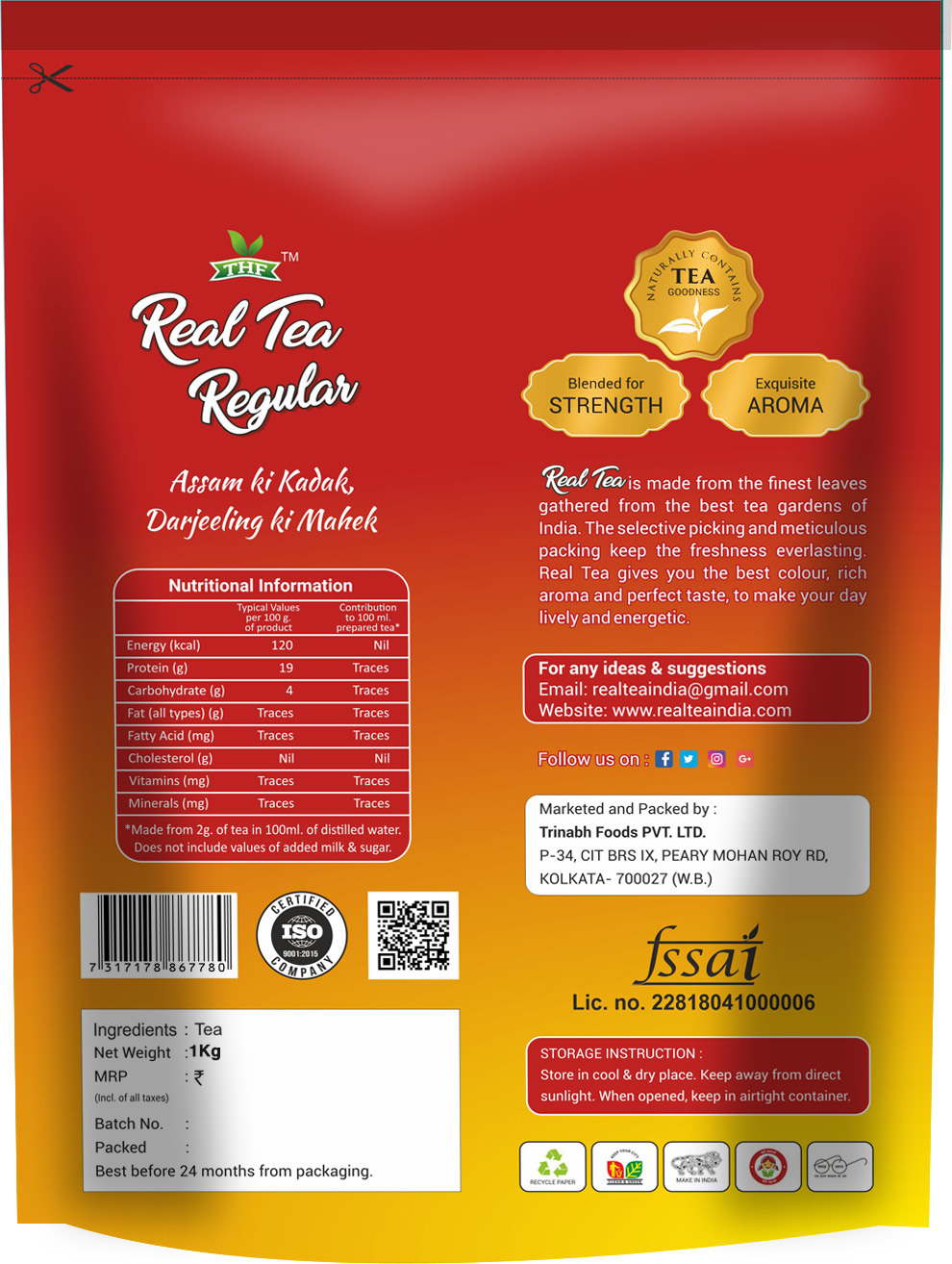 Thf Real Tea Regular - 1 Kg Fresh Black Tea Leaves , Solvent Extracted, Free From Added Sugar, Packed With Antioxidants, Smooth Taste