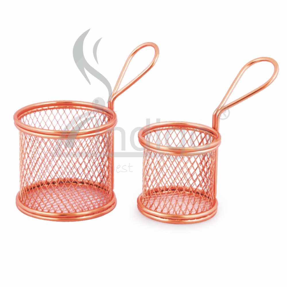 Mini Serving Basket Round - Stainless Steel, 7 Cm Dimensions, Copper And Antique Finishes | Lightweight 1 Kg, 20 Thickness, Grade 300 Strength