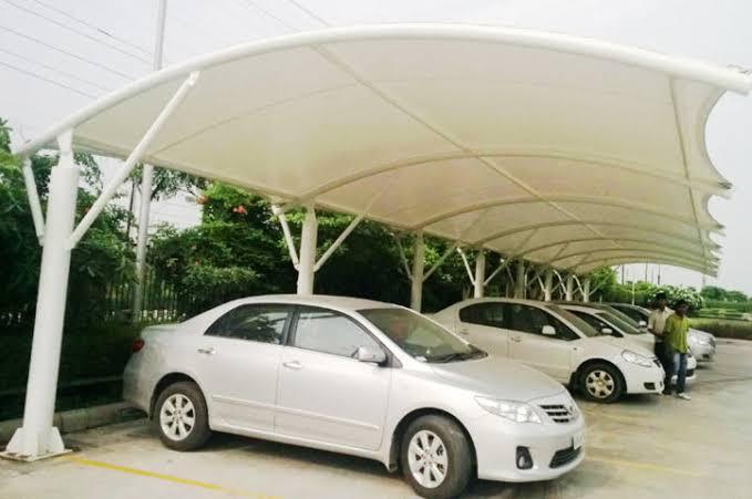 Tensile Membrane Car Parking Structures - Steel Roof With Concrete Base , Customizable Design With Sliding Windows And Variety Of Colors