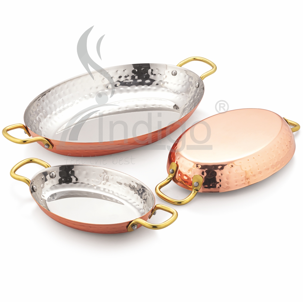 Serving Dish Oval - Stainless Steel, 15.5x10.5x2.5 Cm, 18x13x3 Cm, 25x18.5x3.5 Cm | Copper Finish, Grade 300, 20 Thickness, 2 Kg Weight