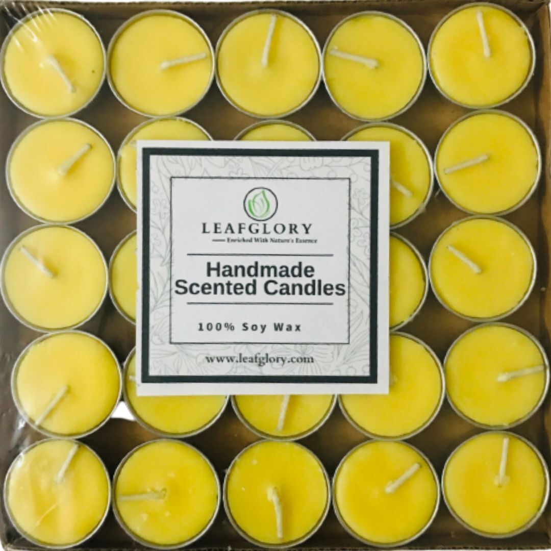 Handmade Scented Tea Light Candles Pack Of 25 Pcs - Soy Wax, Round Size, Classic White Color | Custom Logo Design, Cotton Wick, Fragrant Aroma