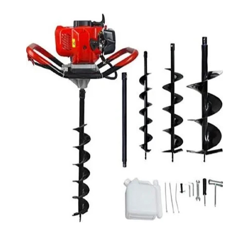 Gasoline Power Earth Auger - Mild Steel, 12 Inch Hole Diameter, 2000 Watt Power Output | Semi-Automatic, Striking Red Color, Easy Operation for Professionals and DIY Enthusiasts