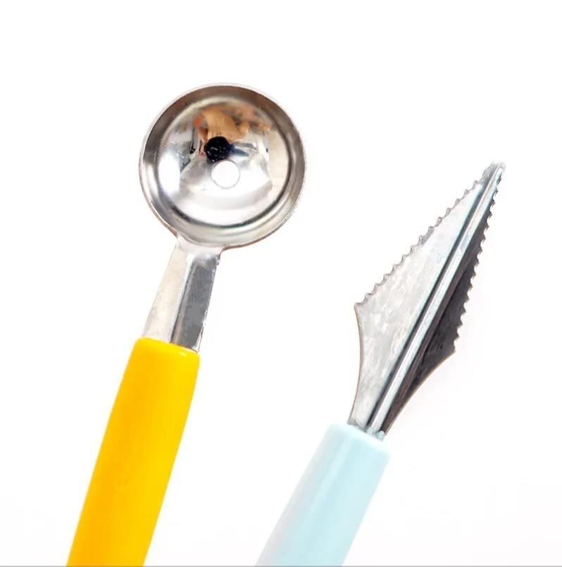 Mitsico 2 In 1 Fruit Scoop With Carving Knife For Fruit Salads And Desserts, Cake, Ice Cream Scooper - Stainless Steel , Multicolor Design, Sharp Dual-ended Tool For Carving & Scooping