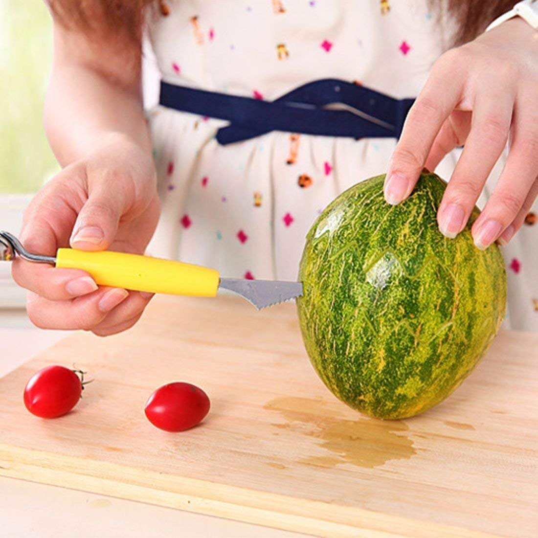 Mitsico 2 In 1 Fruit Scoop With Carving Knife For Fruit Salads And Desserts, Cake, Ice Cream Scooper - Stainless Steel , Multicolor Design, Sharp Dual-ended Tool For Carving & Scooping