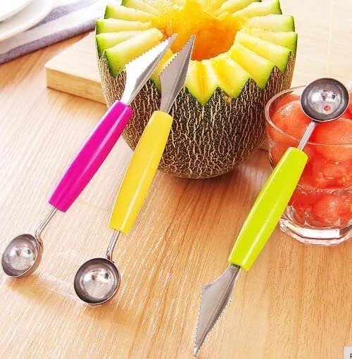 Mitsico 2 In 1 Fruit Scoop With Carving Knife For Fruit Salads And Desserts, Cake, Ice Cream Scooper - Stainless Steel , Multicolor Design, Sharp Dual-ended Tool For Carving & Scooping