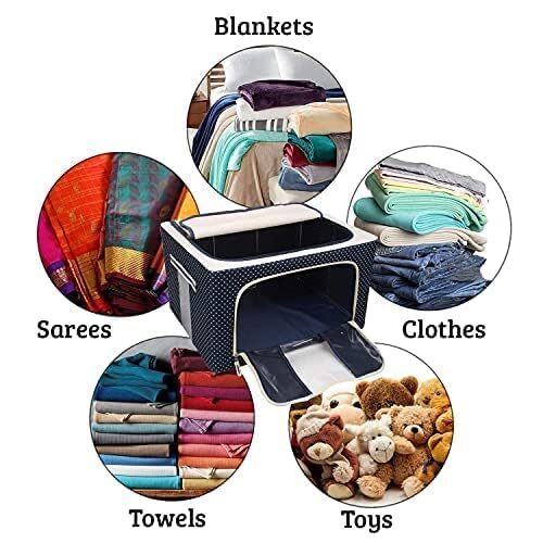 66 L Storage Box - Fabric, 40x50x30 Cm, Blue Dot | Foldable Organizer, Transparent Window, Strong Handle, Eco-friendly Material