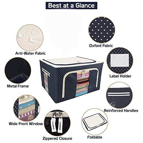 66 L Storage Box - Fabric, 40x50x30 Cm, Blue Dot | Foldable Organizer, Transparent Window, Strong Handle, Eco-friendly Material