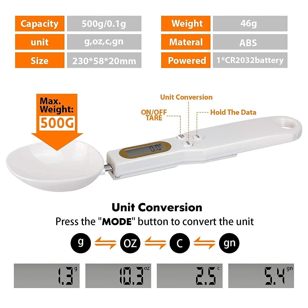 Digital Spoon Scale - 1.1lb/500g Capacity, 0.1g Precision | Perfect For Beginners, Lcd Display For Kitchen Food Measuring