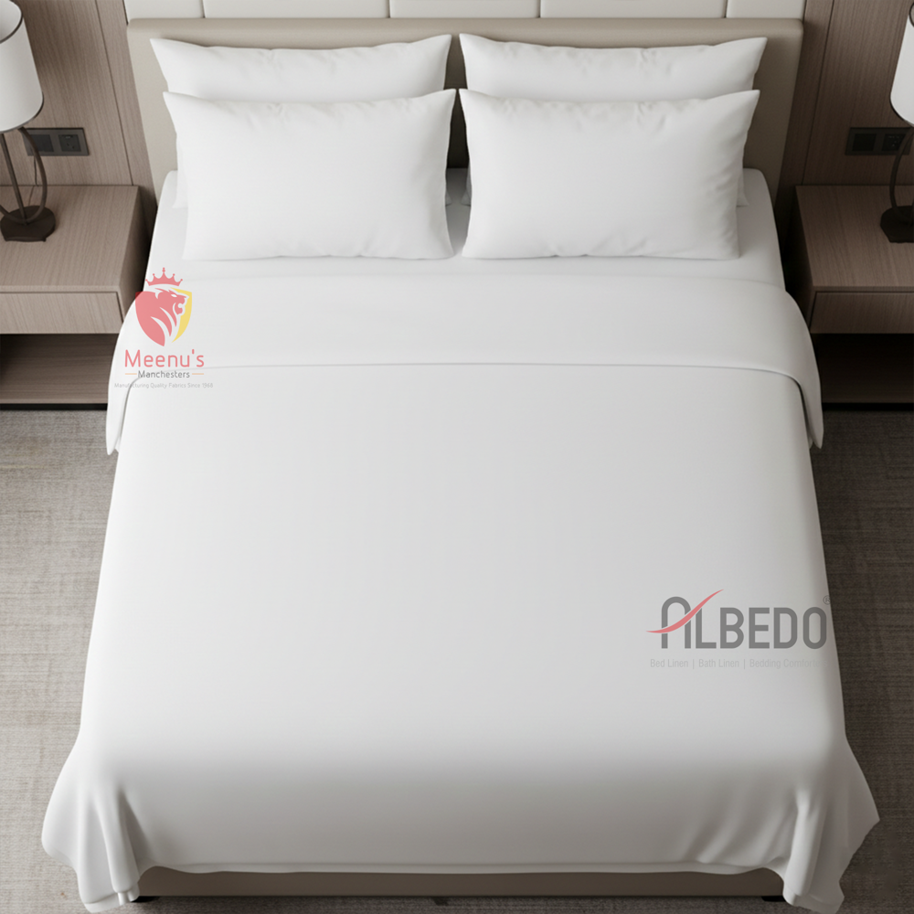 Hotel White Percale Bed Sheet - 120 Inch Width, 100% Cotton, 400TC Thread Count, Washable, No Shrinkage, Plain Design