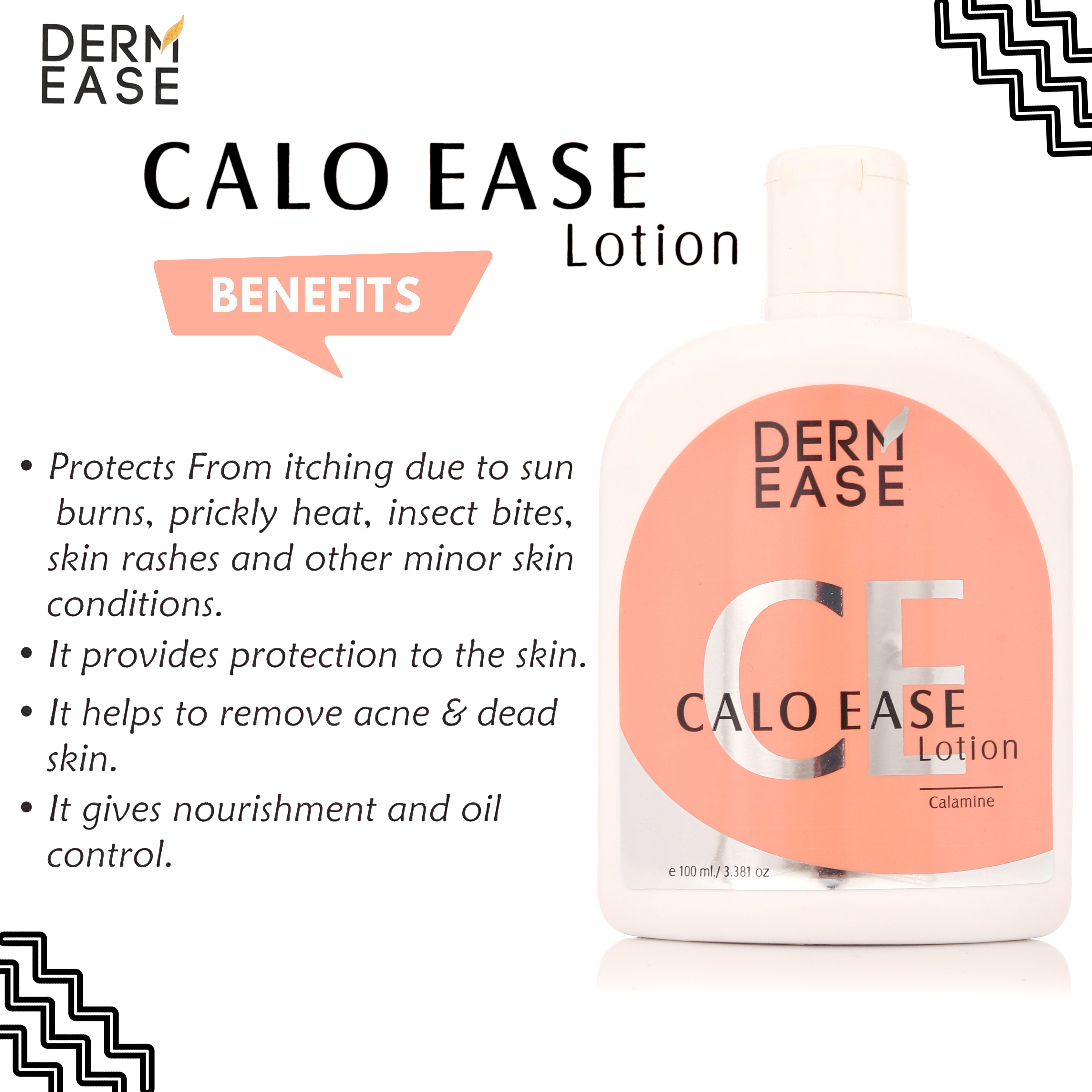 Calo-ease Lotion - Calamine & Aqua + Light Kaolin + Castor Oil + Glycerine + Zinc Oxide + Zinc Carbonate | Suitable For All Skin Types, Liquid Form, 2-year Shelf Life