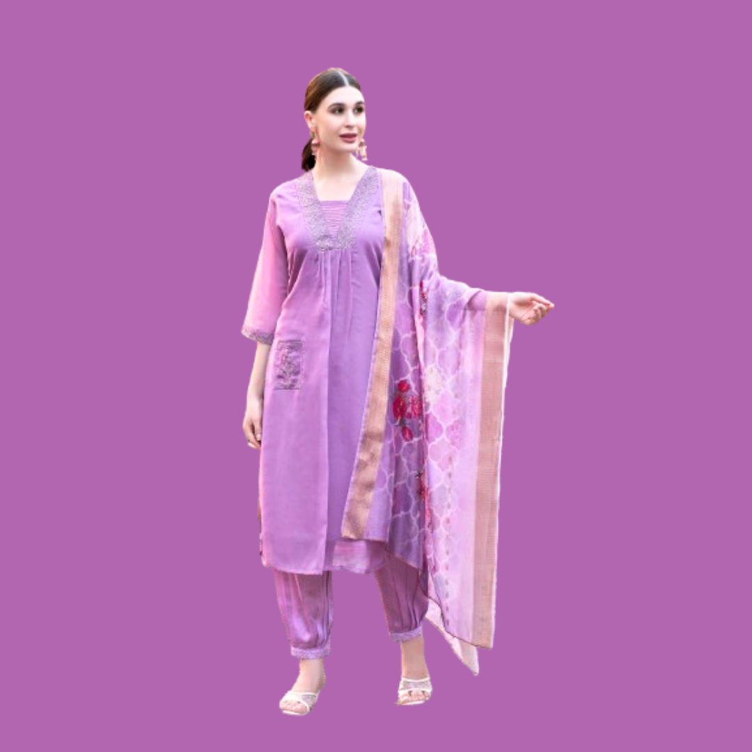 Madhav Fashion Readymade Kurti In Purple Color - Organza Top With Embroidery, Modal Printed Bottom & Jacquard Dupatta | Chic V-neckline, Versatile For All Occasions