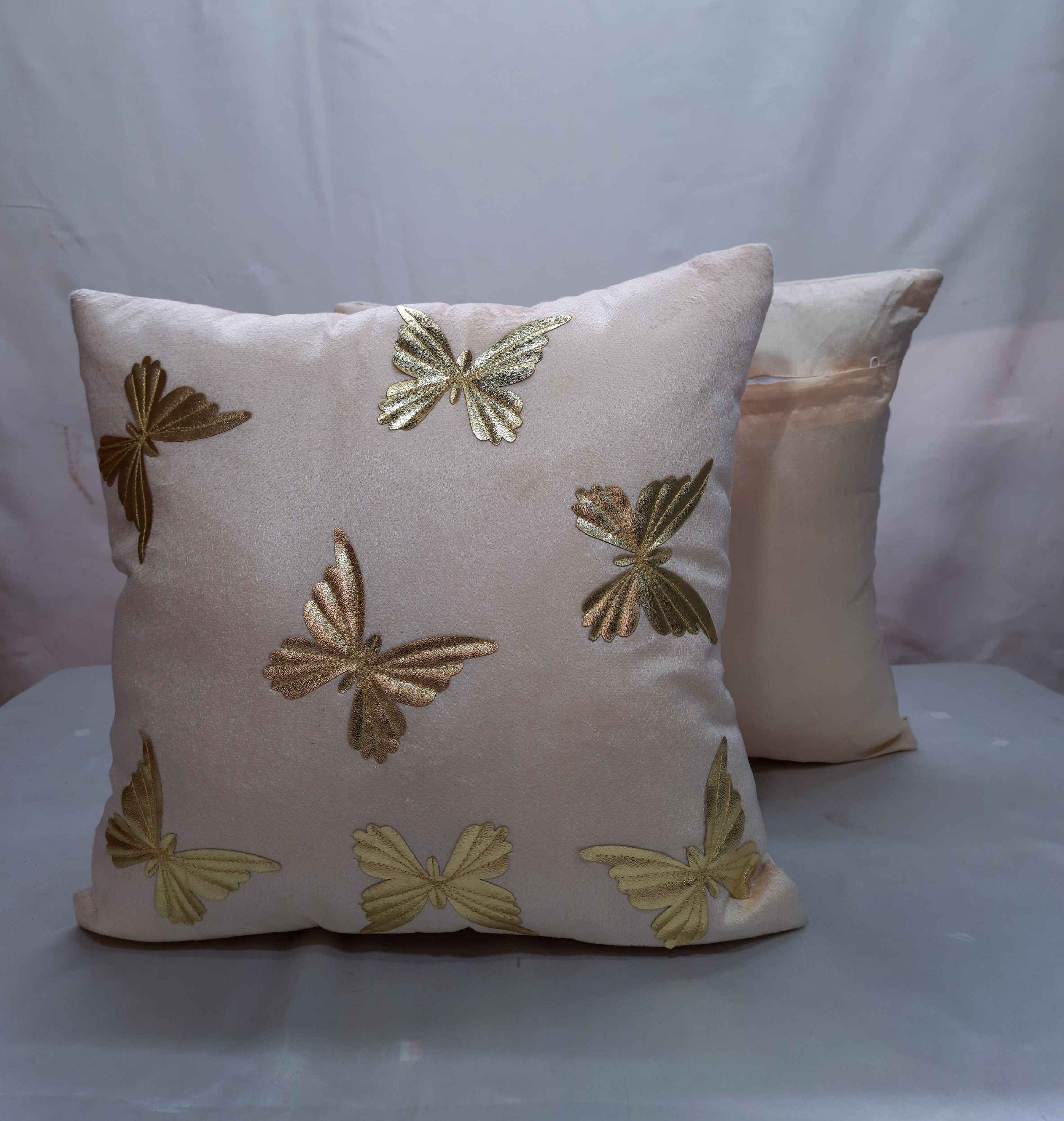 Velvet Decorative Cushion Cover 16x16 Inch - Set Of 5, Soft Butterfly Patch Square Throw Pillow Covers For Sofa, Living Room Or Home Decor - 40x40 Cm - Color: Beige