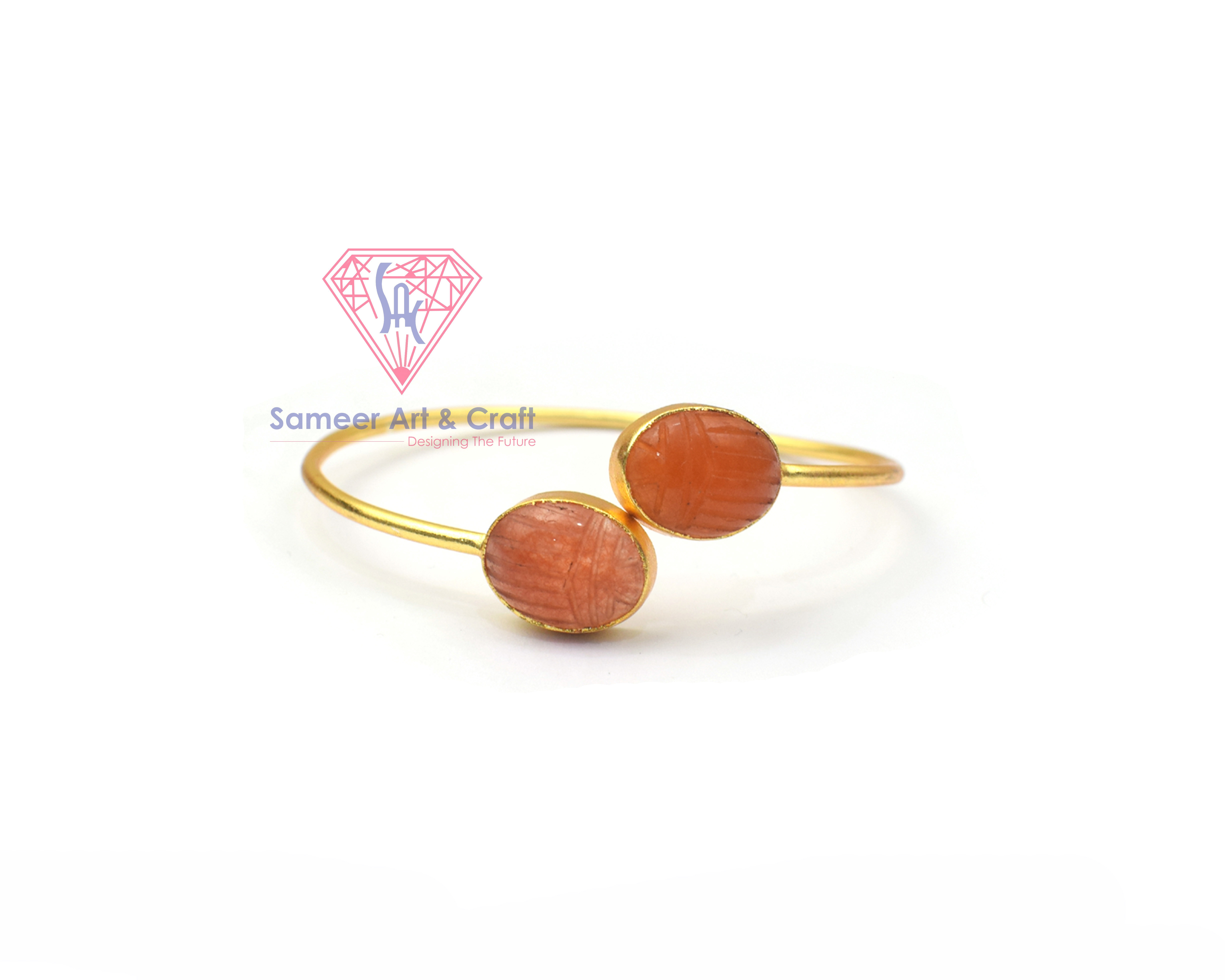 Natural Carving Gemstone With 18k Gold Plated Adjustable Handmade Bangles