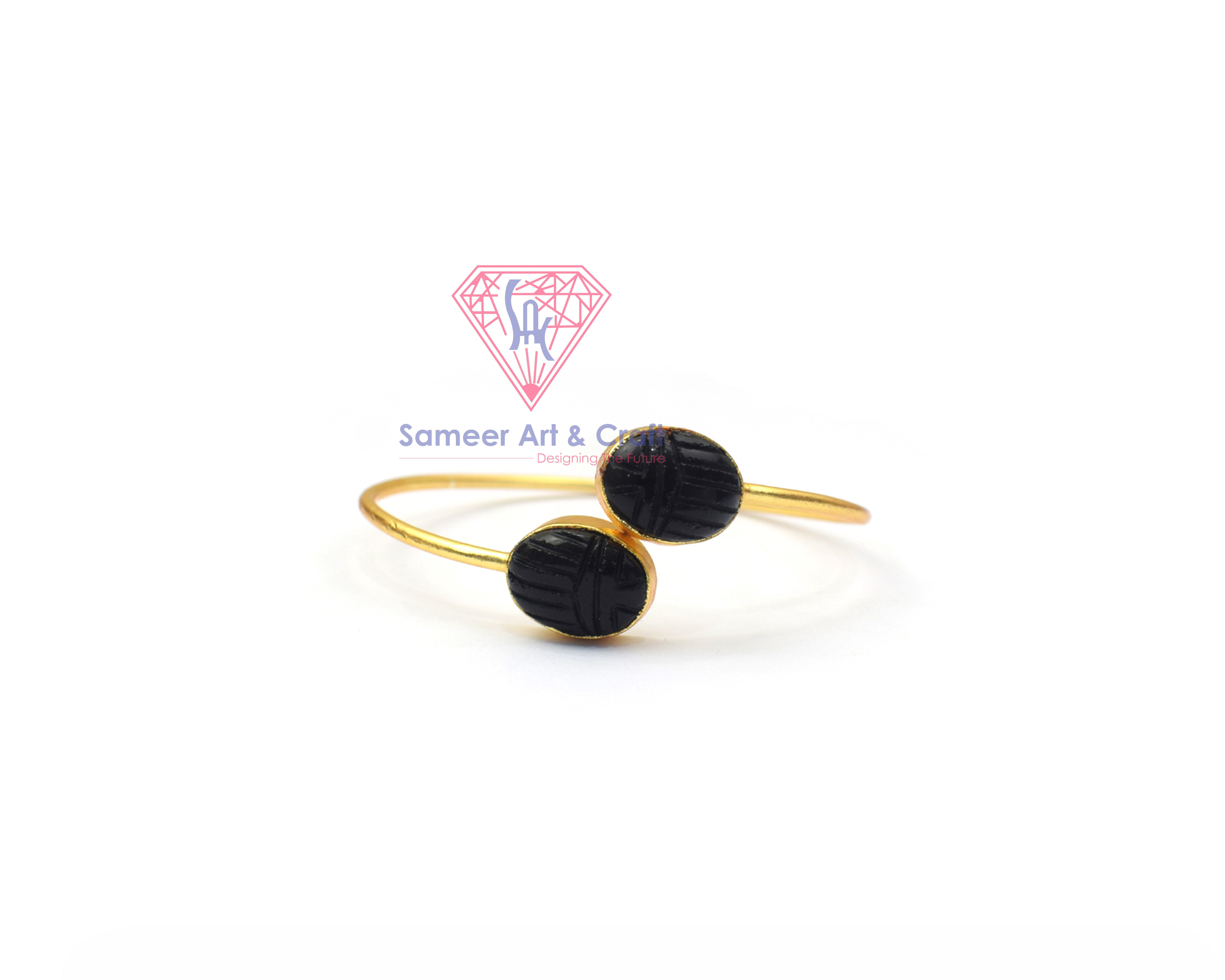Natural Carving Gemstone With 18k Gold Plated Adjustable Handmade Bangles