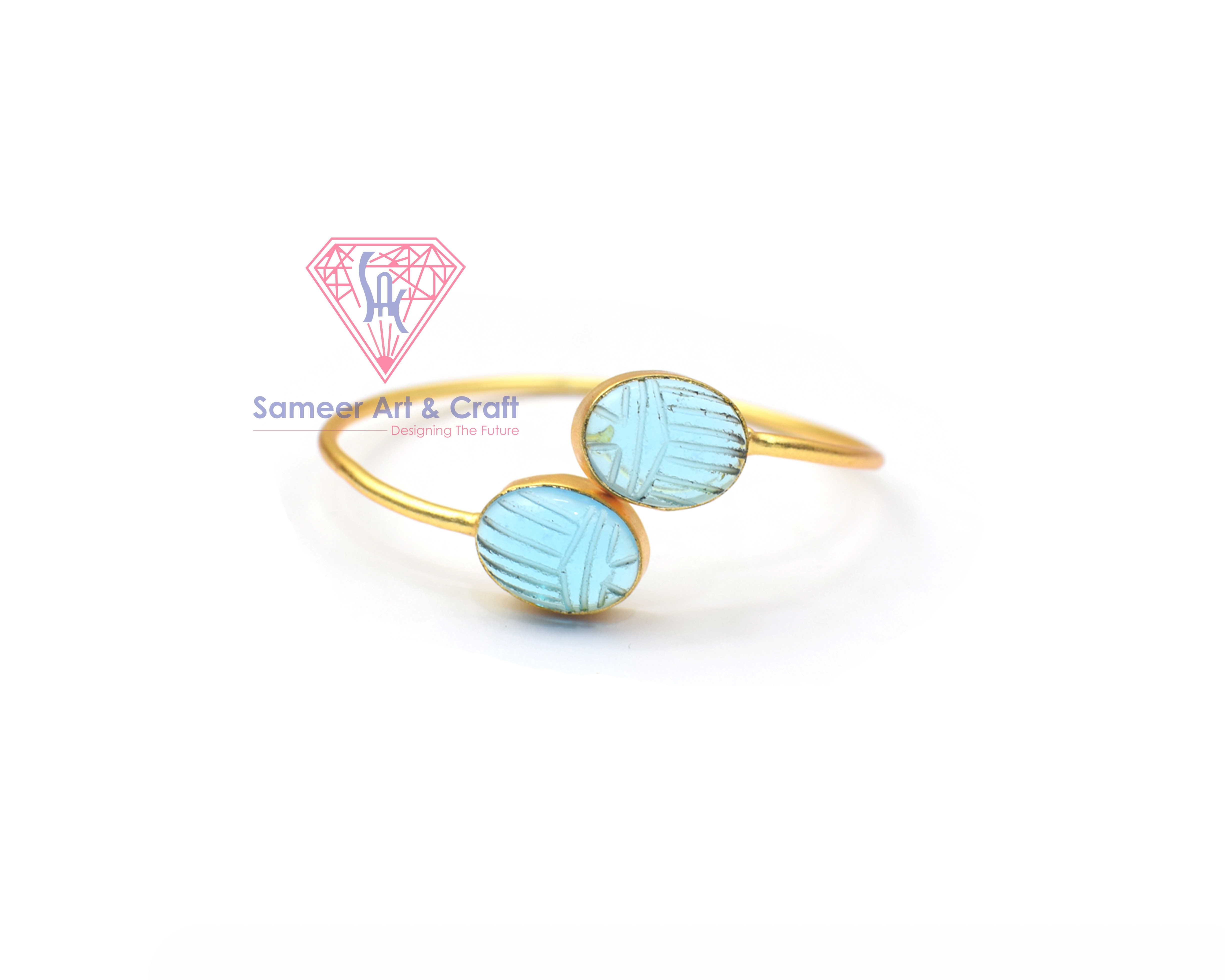 Natural Carving Gemstone With 18k Gold Plated Adjustable Handmade Bangles