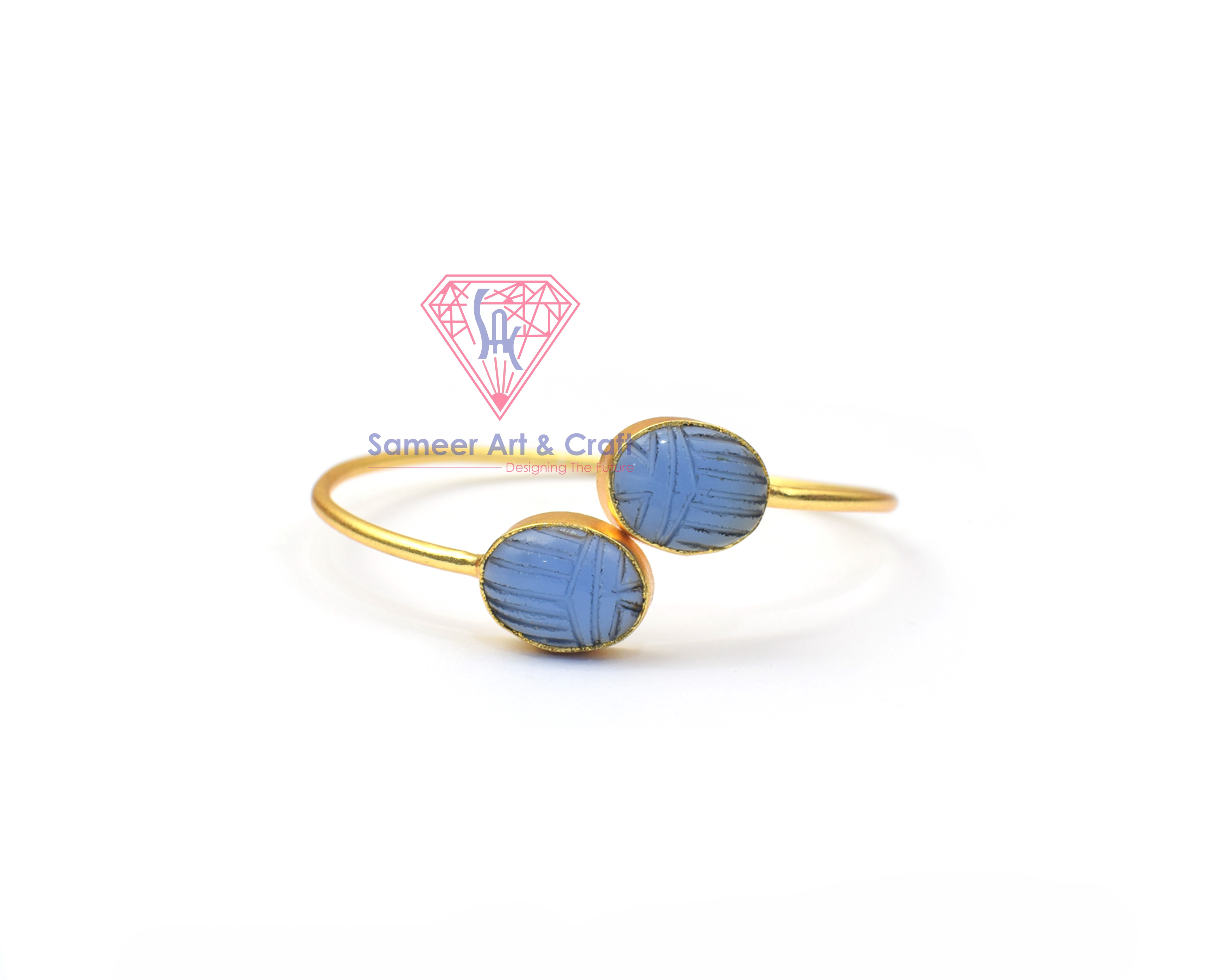 Natural Carving Gemstone With 18k Gold Plated Adjustable Handmade Bangles