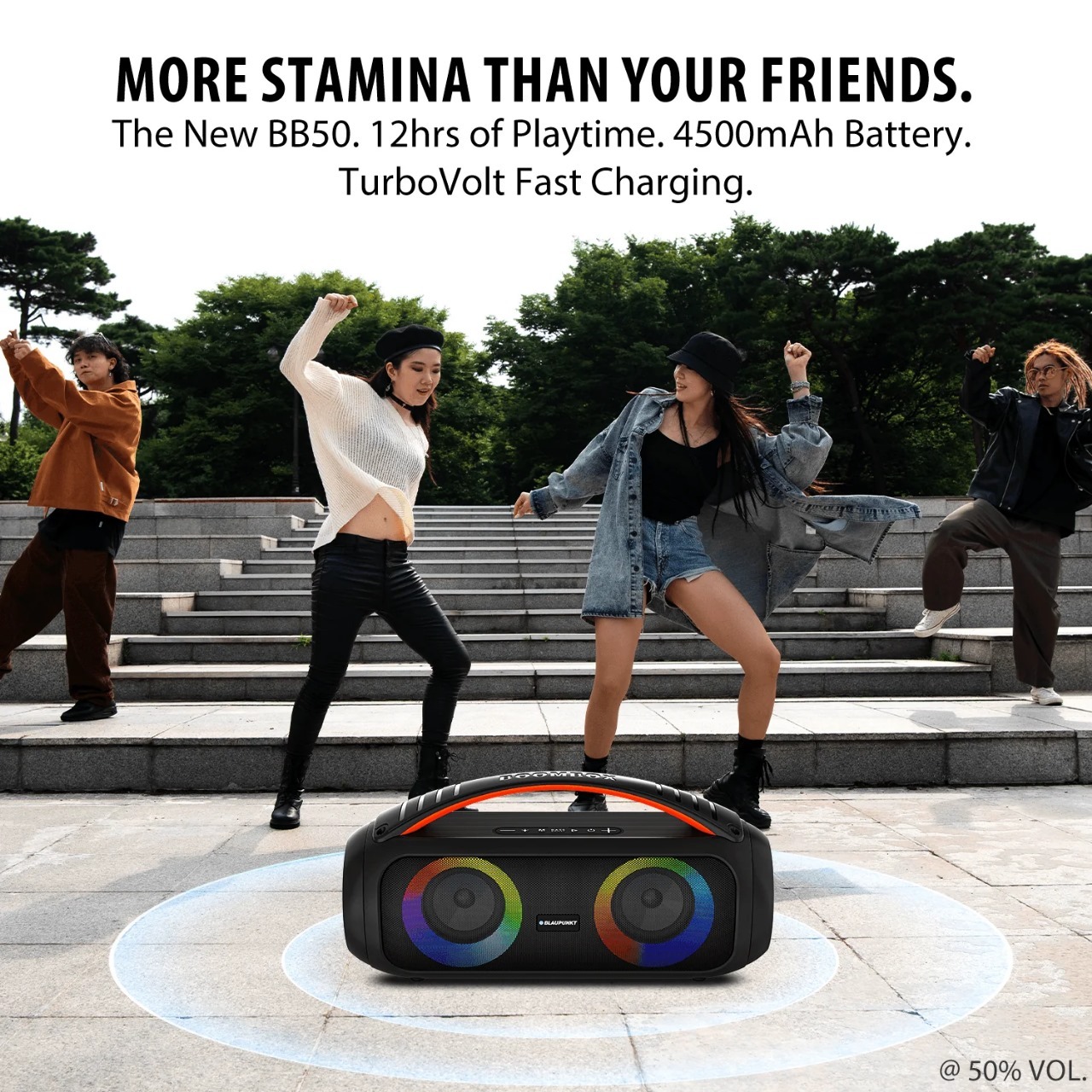 Blaupunkt Atomik Bb50 - 50w Boombox Speaker, 10hr Playtime, Bluetooth, Wireless Karaoke Mic, Tws Pairing, Rgb Lighting, Black