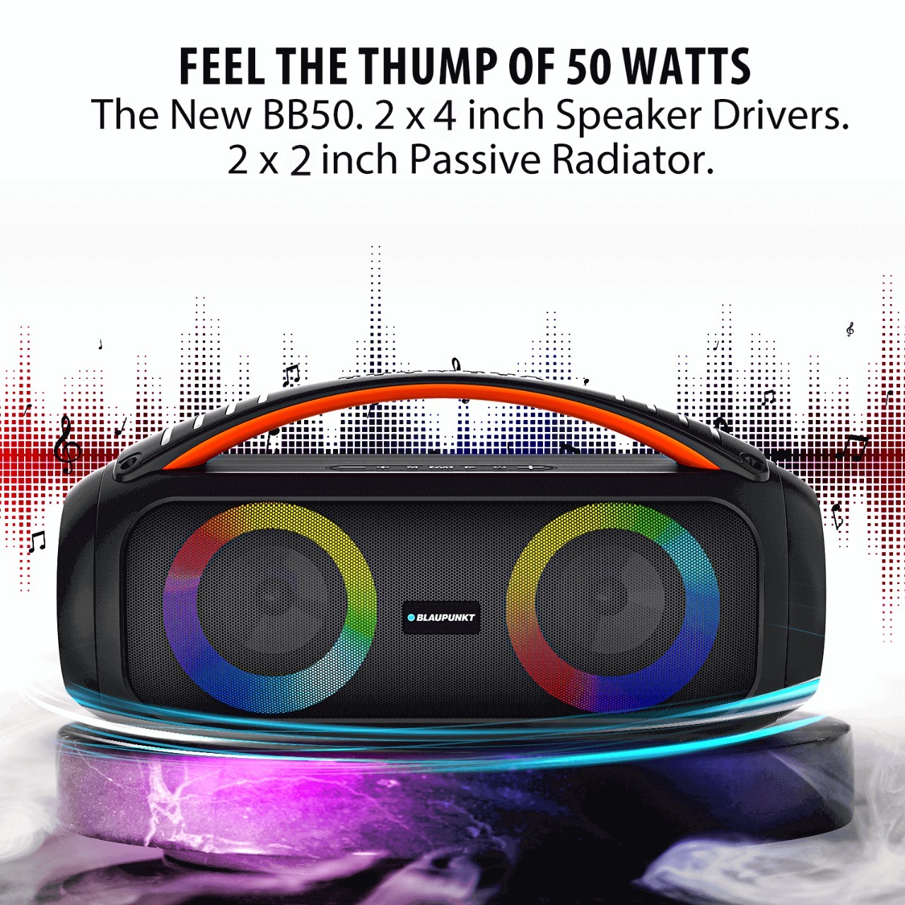 Blaupunkt Atomik Bb50 - 50w Boombox Speaker, 10hr Playtime, Bluetooth, Wireless Karaoke Mic, Tws Pairing, Rgb Lighting, Black
