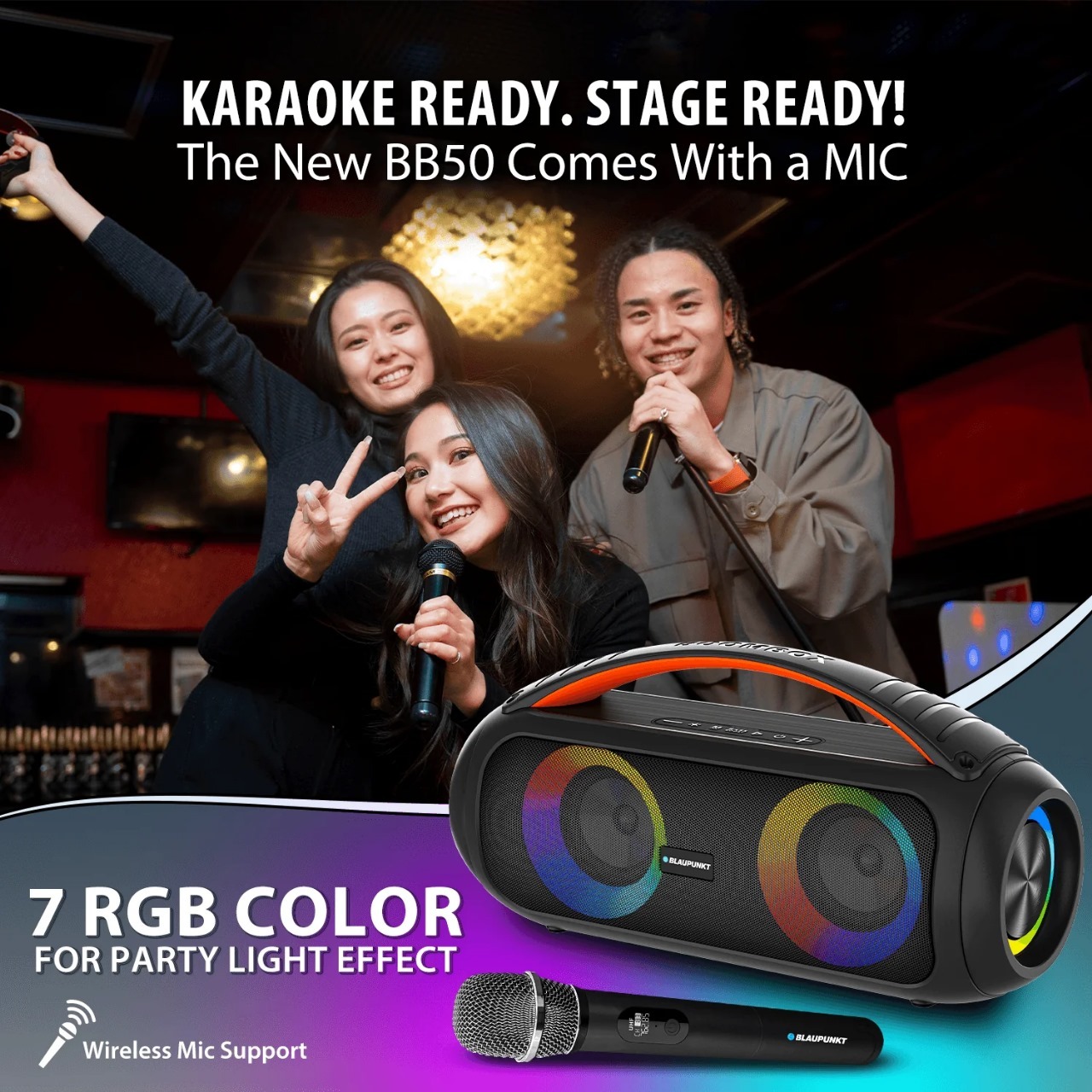 Blaupunkt Atomik Bb50 - 50w Boombox Speaker, 10hr Playtime, Bluetooth, Wireless Karaoke Mic, Tws Pairing, Rgb Lighting, Black