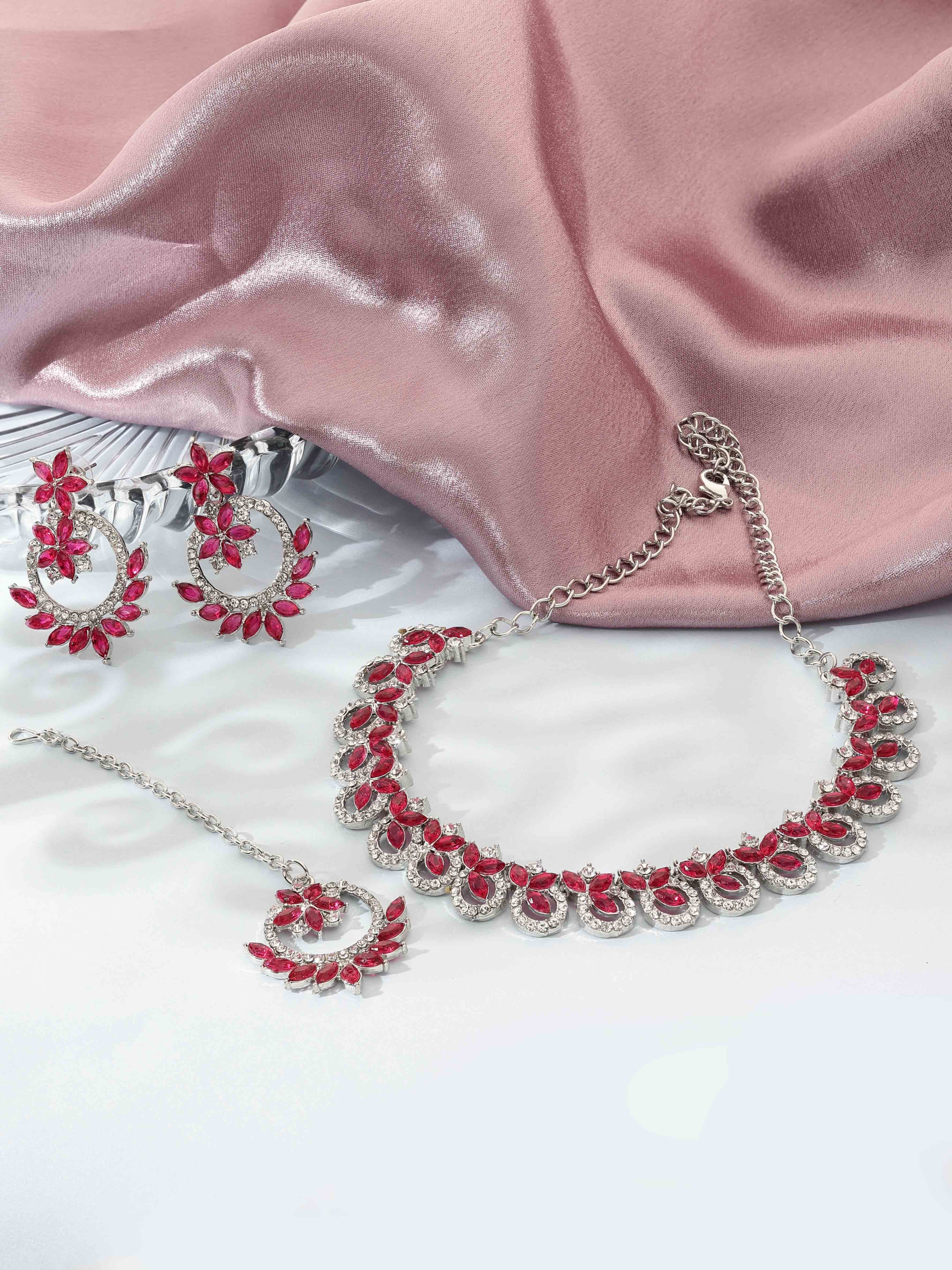 Colorstone Necklace Set - Alloy 21.5x1 Cm Necklace 4.5x3 Cm Earrings 11.5x3 Cm Maangtikka | Elegant Pink Design Silver Plated For Women Adjustable Size