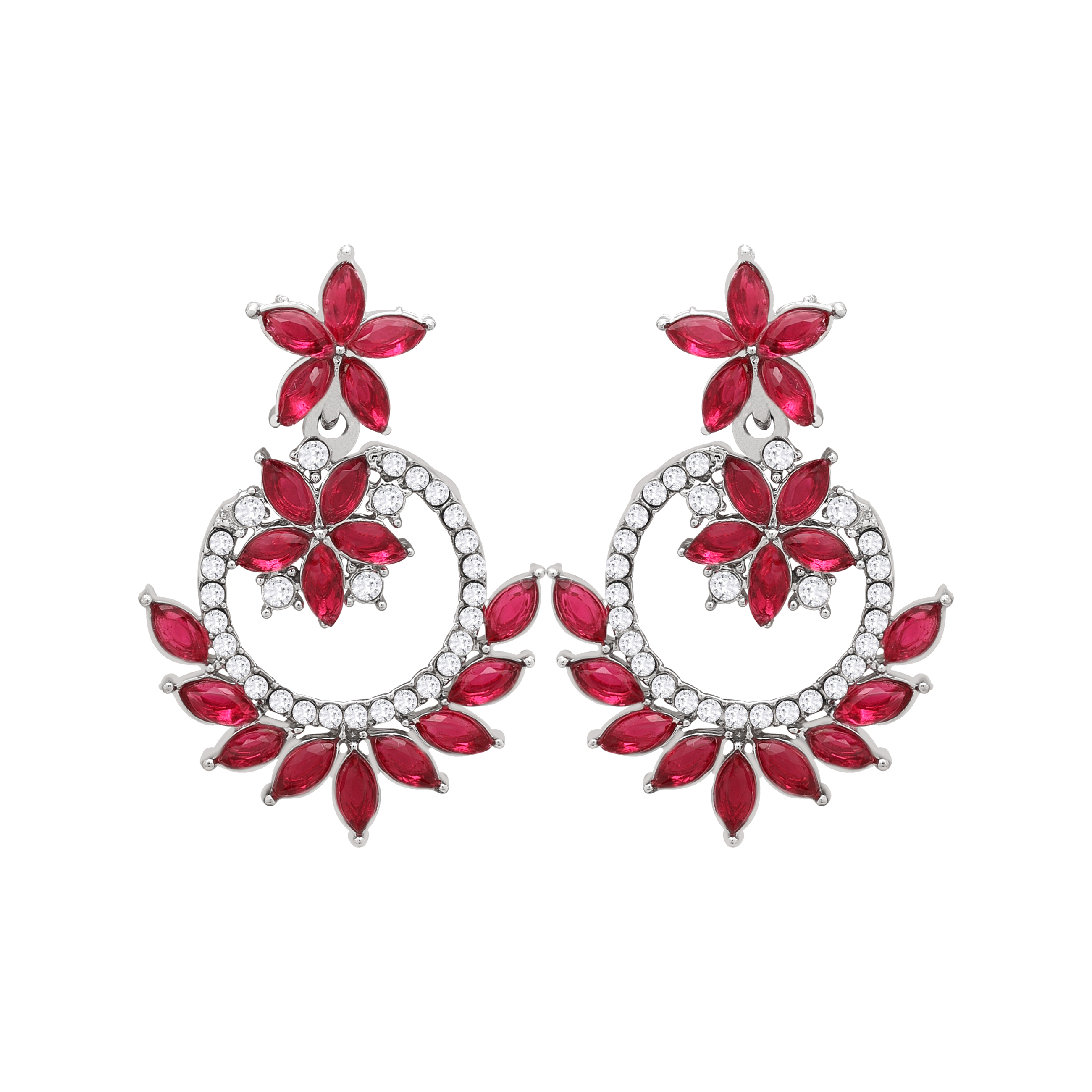 Colorstone Necklace Set - Alloy 21.5x1 Cm Necklace 4.5x3 Cm Earrings 11.5x3 Cm Maangtikka | Elegant Pink Design Silver Plated For Women Adjustable Size