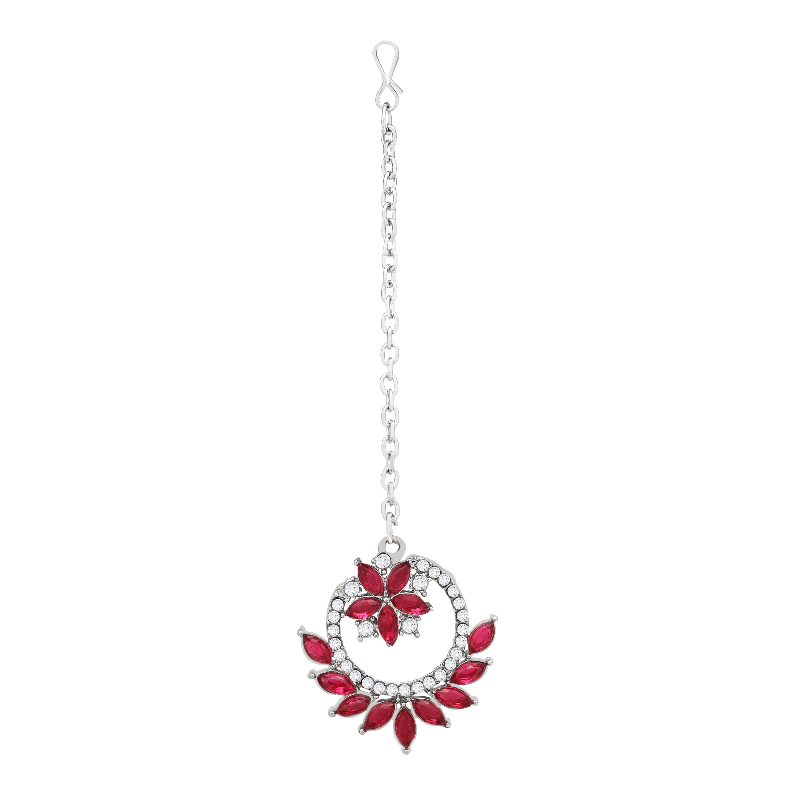 Colorstone Necklace Set - Alloy 21.5x1 Cm Necklace 4.5x3 Cm Earrings 11.5x3 Cm Maangtikka | Elegant Pink Design Silver Plated For Women Adjustable Size
