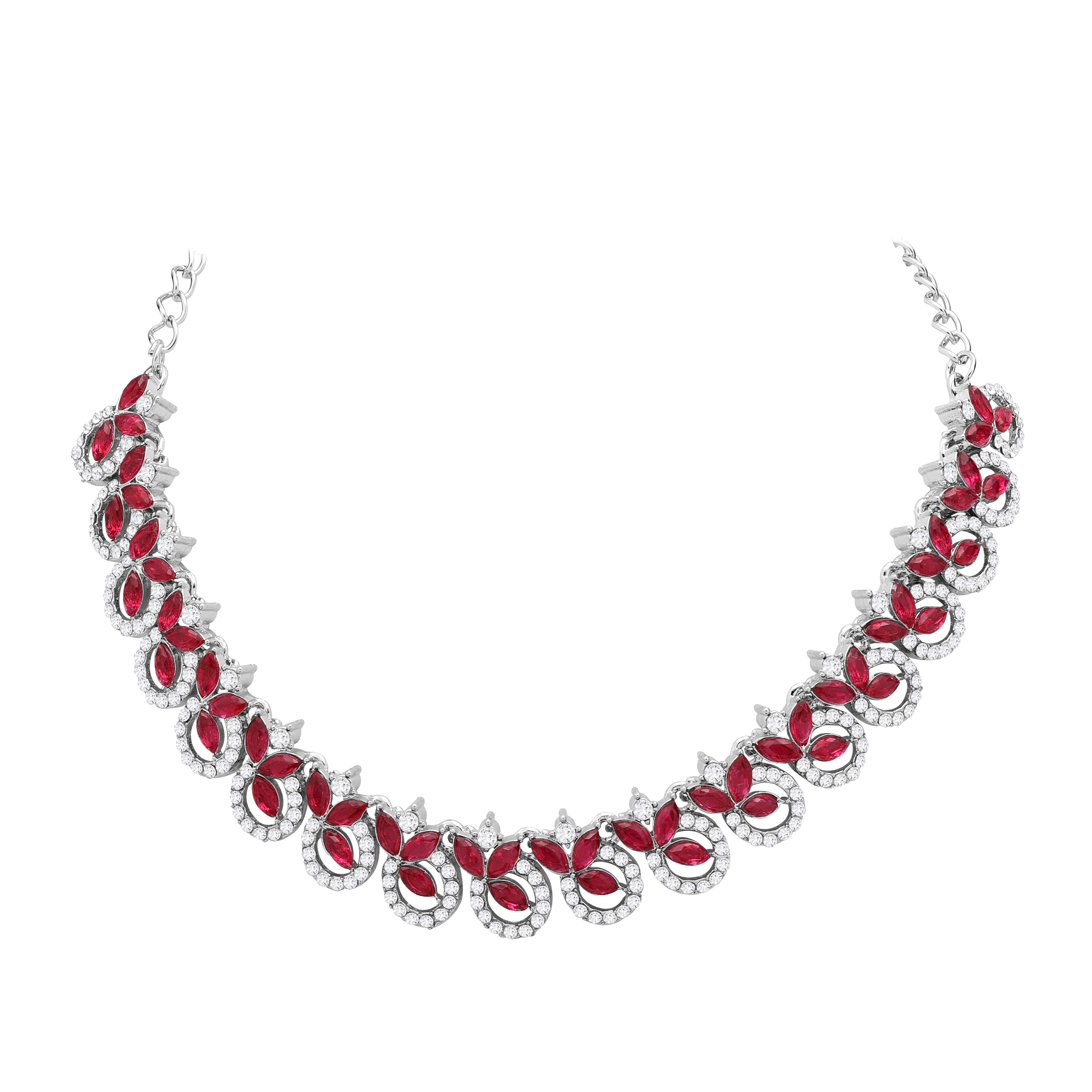 Colorstone Necklace Set - Alloy 21.5x1 Cm Necklace 4.5x3 Cm Earrings 11.5x3 Cm Maangtikka | Elegant Pink Design Silver Plated For Women Adjustable Size