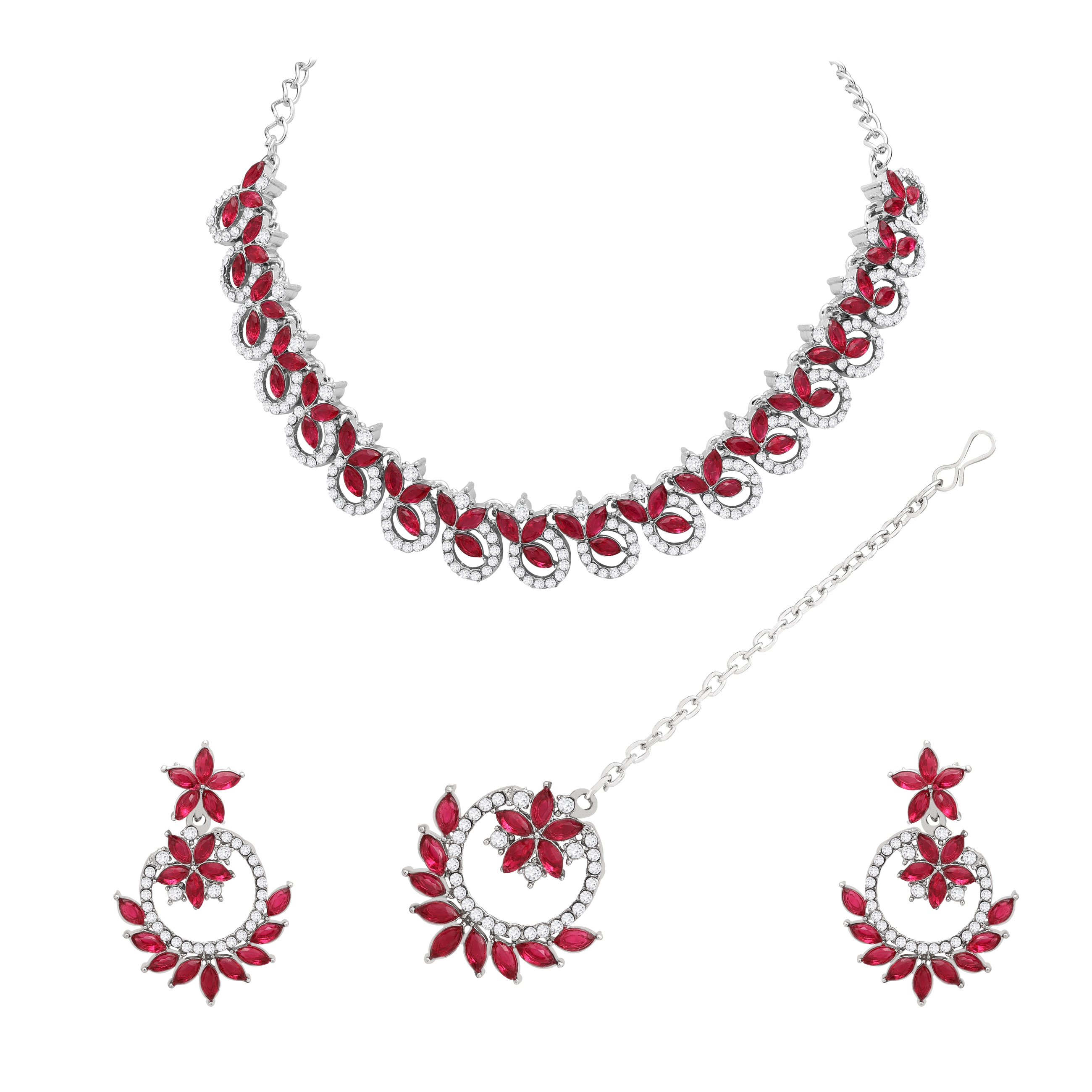 Colorstone Necklace Set - Alloy 21.5x1 Cm Necklace 4.5x3 Cm Earrings 11.5x3 Cm Maangtikka | Elegant Pink Design Silver Plated For Women Adjustable Size
