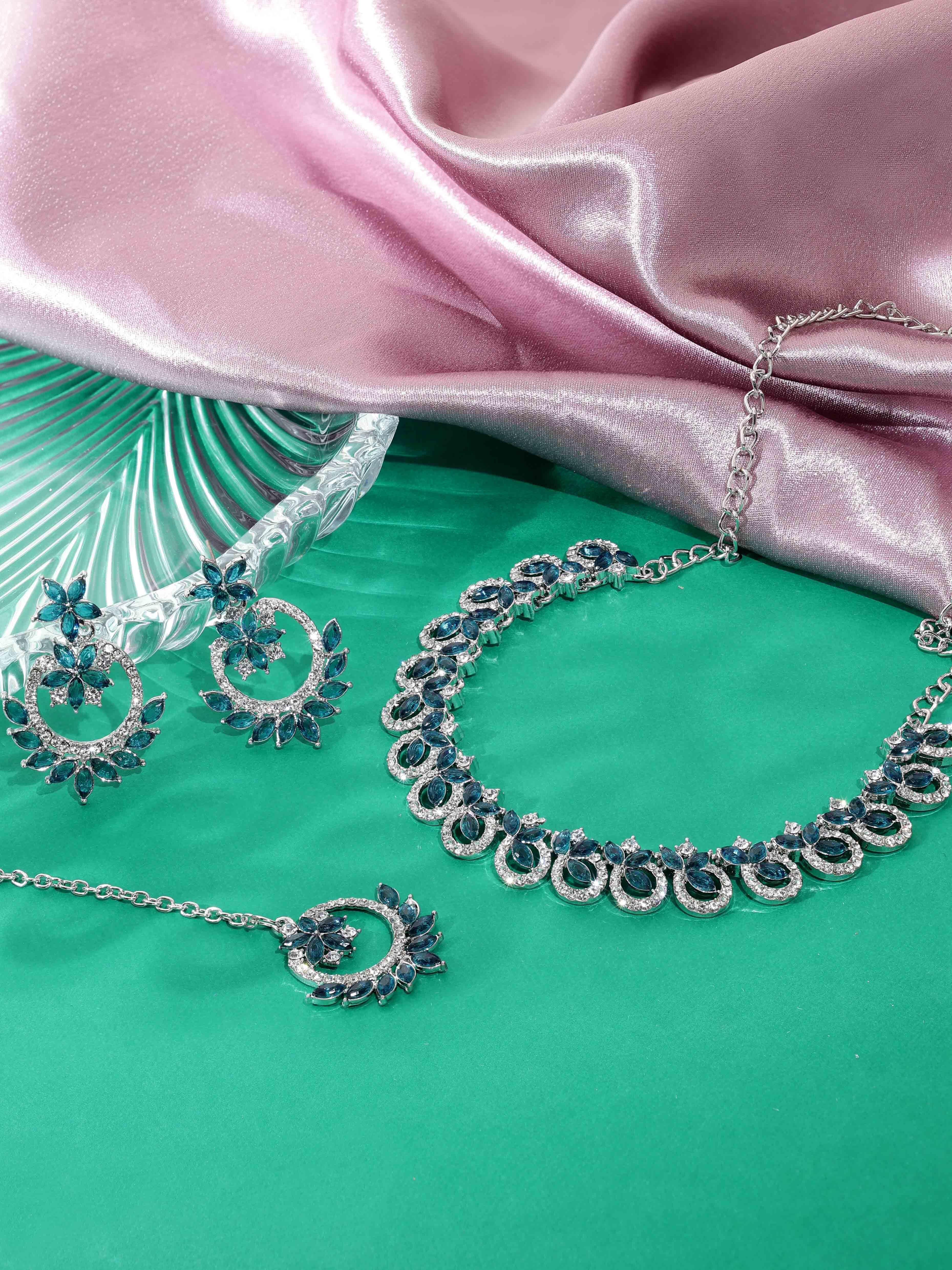 Colorstone Necklace - Alloy, 21.5 Cm Length, Sky Blue | Silver Plated, Adjustable Size, Perfect For Anniversary, Engagement, Party, Wedding