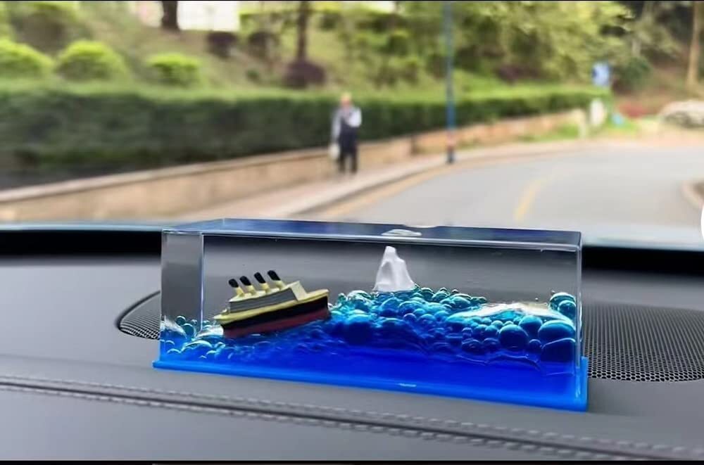 Titanic Liquid Wave Ship - Acrylic & Resin Material, 10x12x5 Cm | Leak-proof Design, Stress Relief, Unbreakable Nautical Showpiece For Home & Office Decor